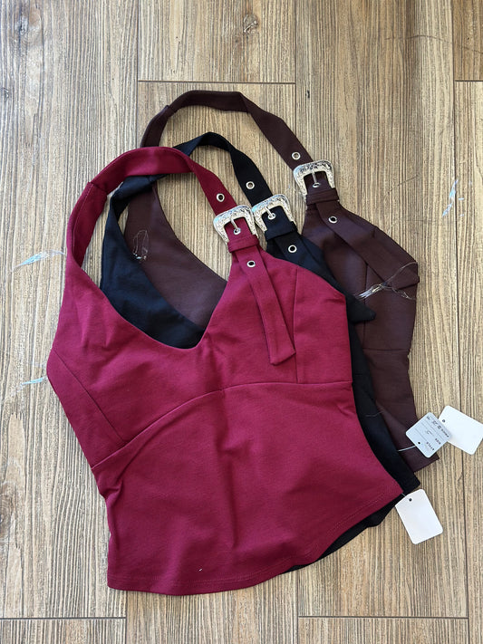 Buckle Open Back Top- Estira, Stretchy