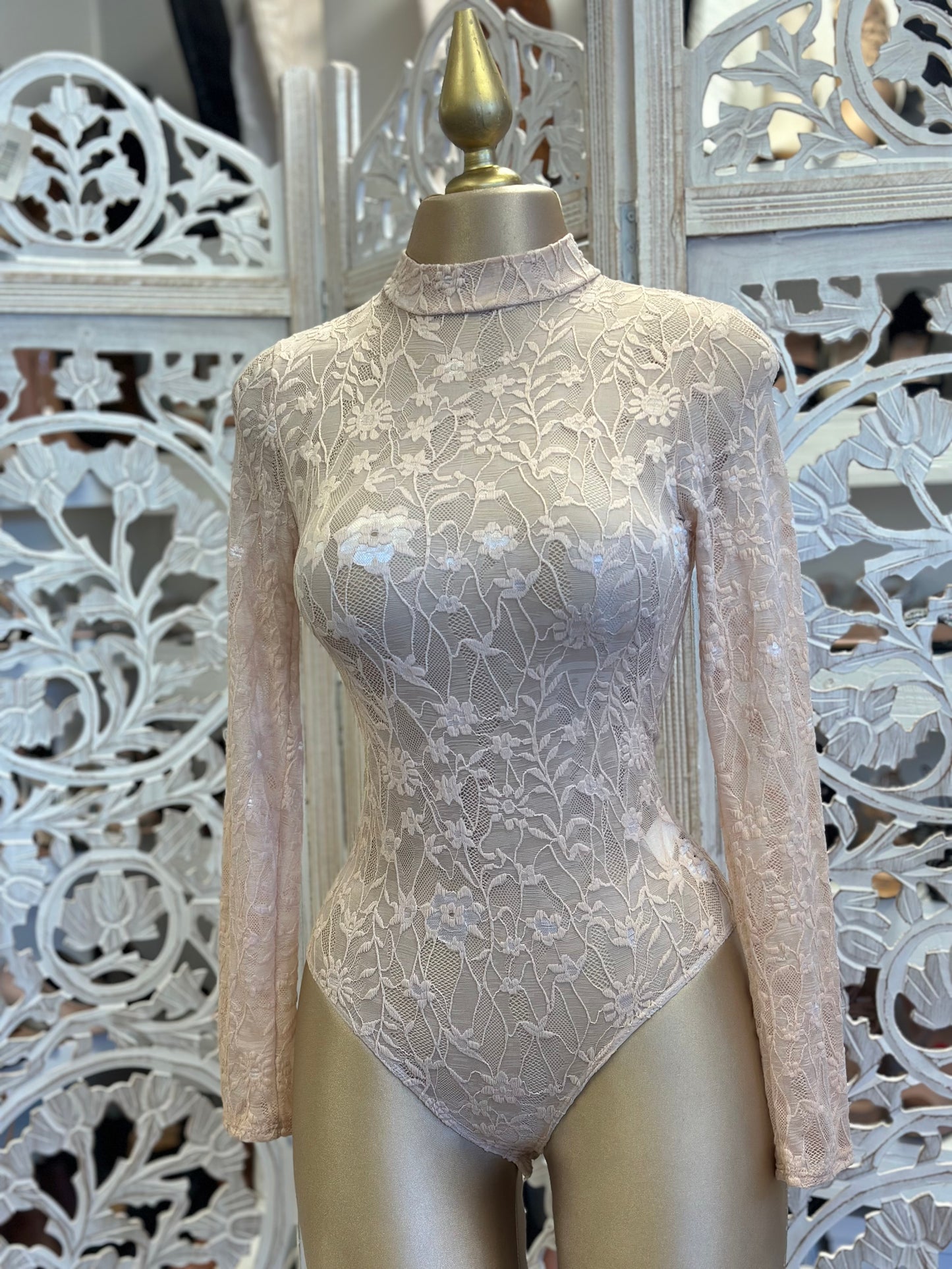 Light Pink Floral Lace Mock Neck Bodysuit- Stretchy