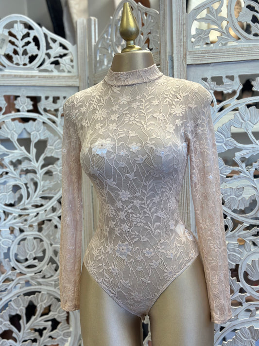 Light Pink Floral Lace Mock Neck Bodysuit- Stretchy