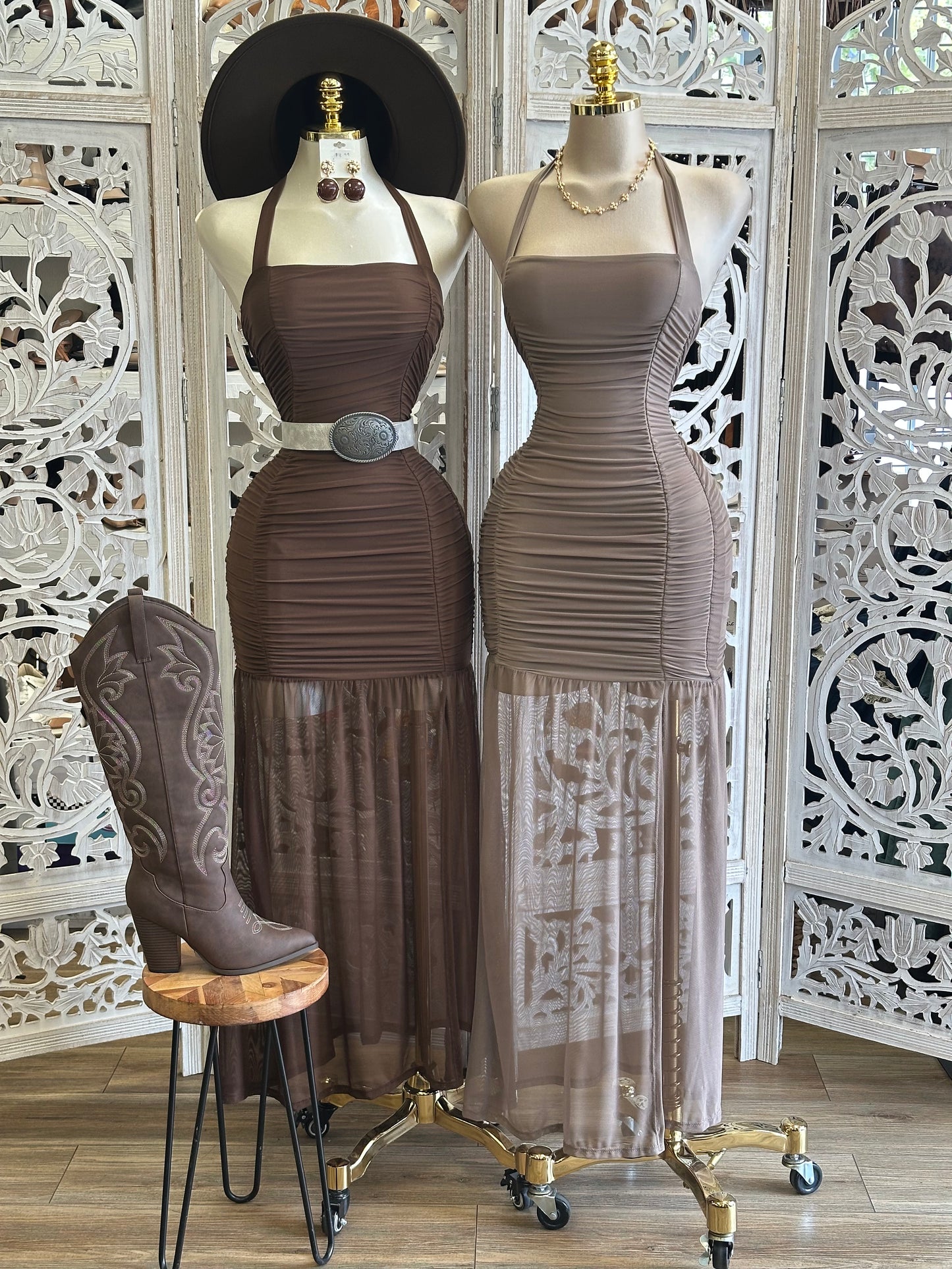 Desert Sunset Ruched Halter Mesh Maxi Dress -Stretchy,Estira