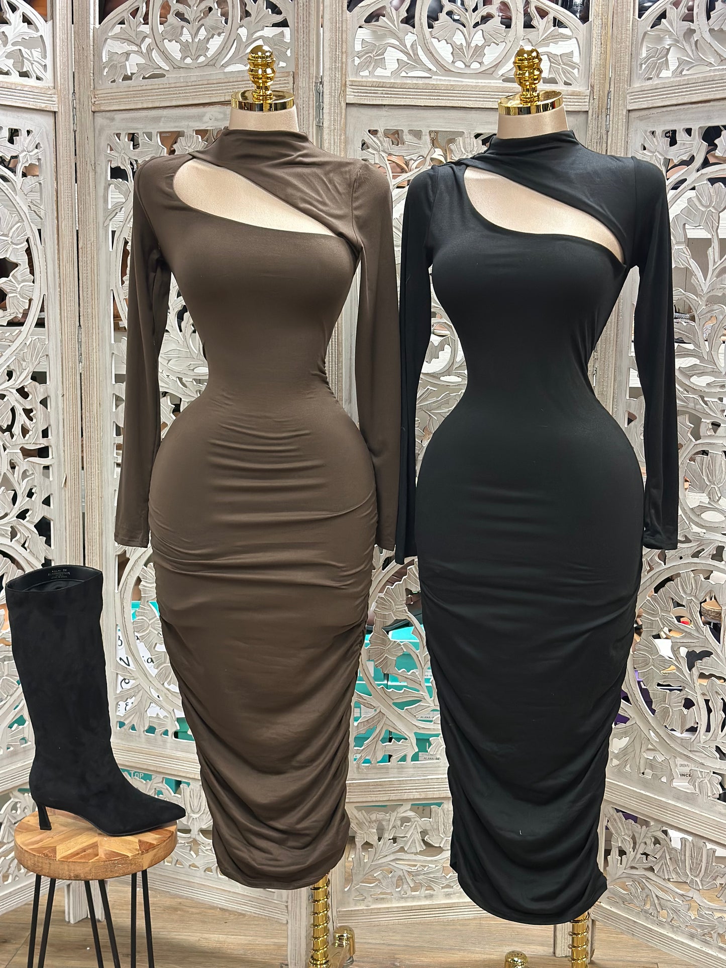 Long Sleeve Cutout Midi Dress- Stretchy,Estira