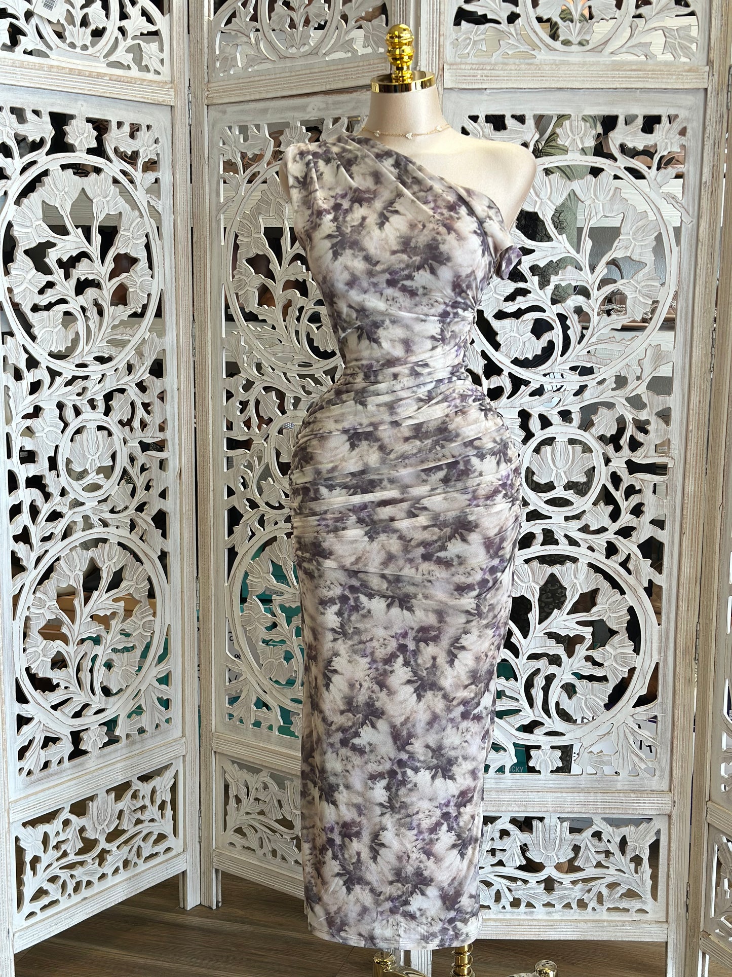 One Sleeve Flora Midi Ruched Dress- Stretchy,Estira