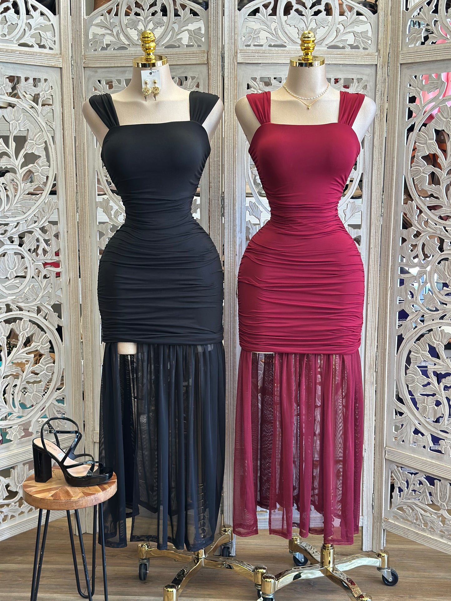 Square Neck Sheer Bottom Dress - Estira, Stretchy
