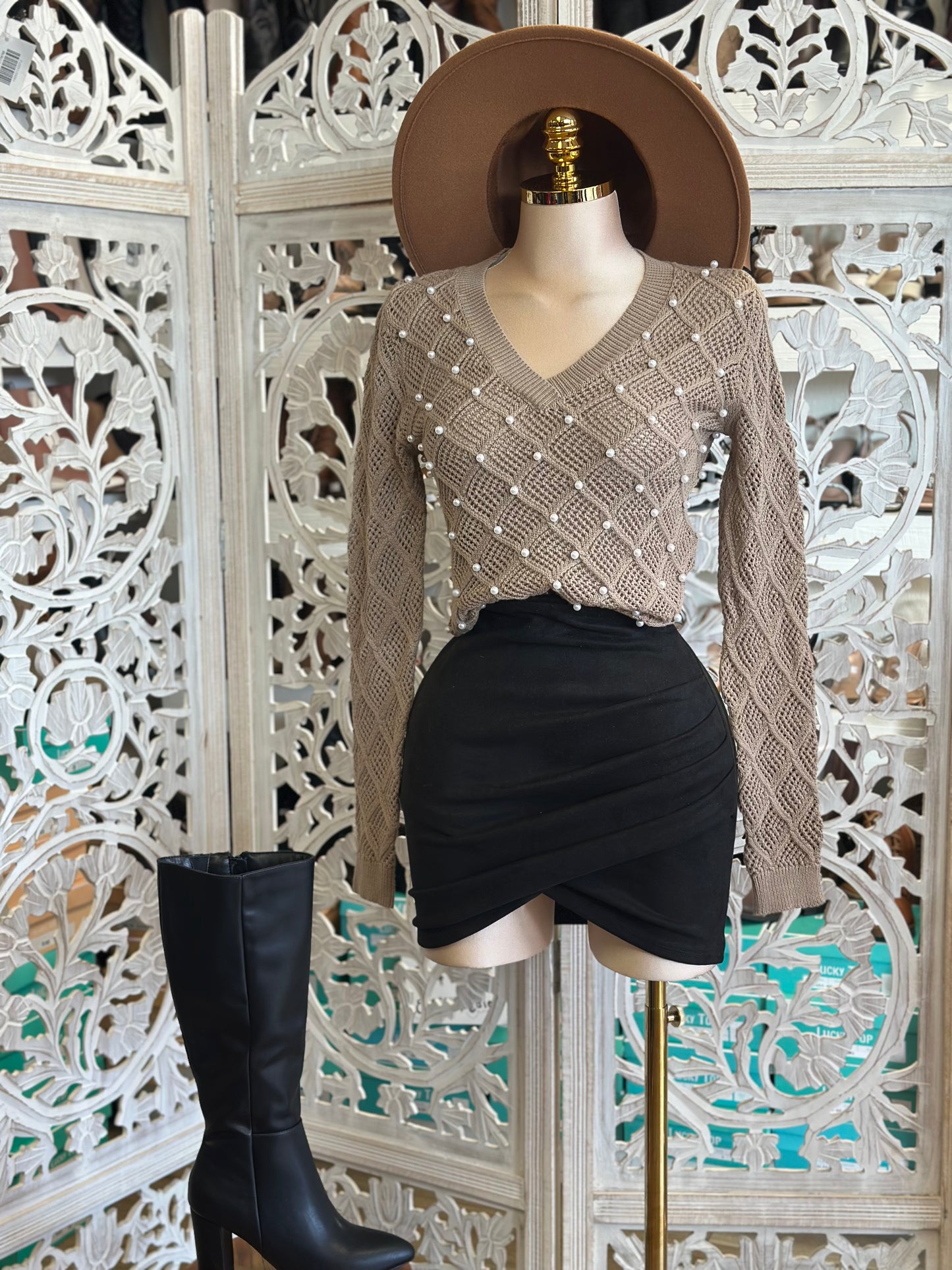 Beige Netted Pearl Knit Sweater