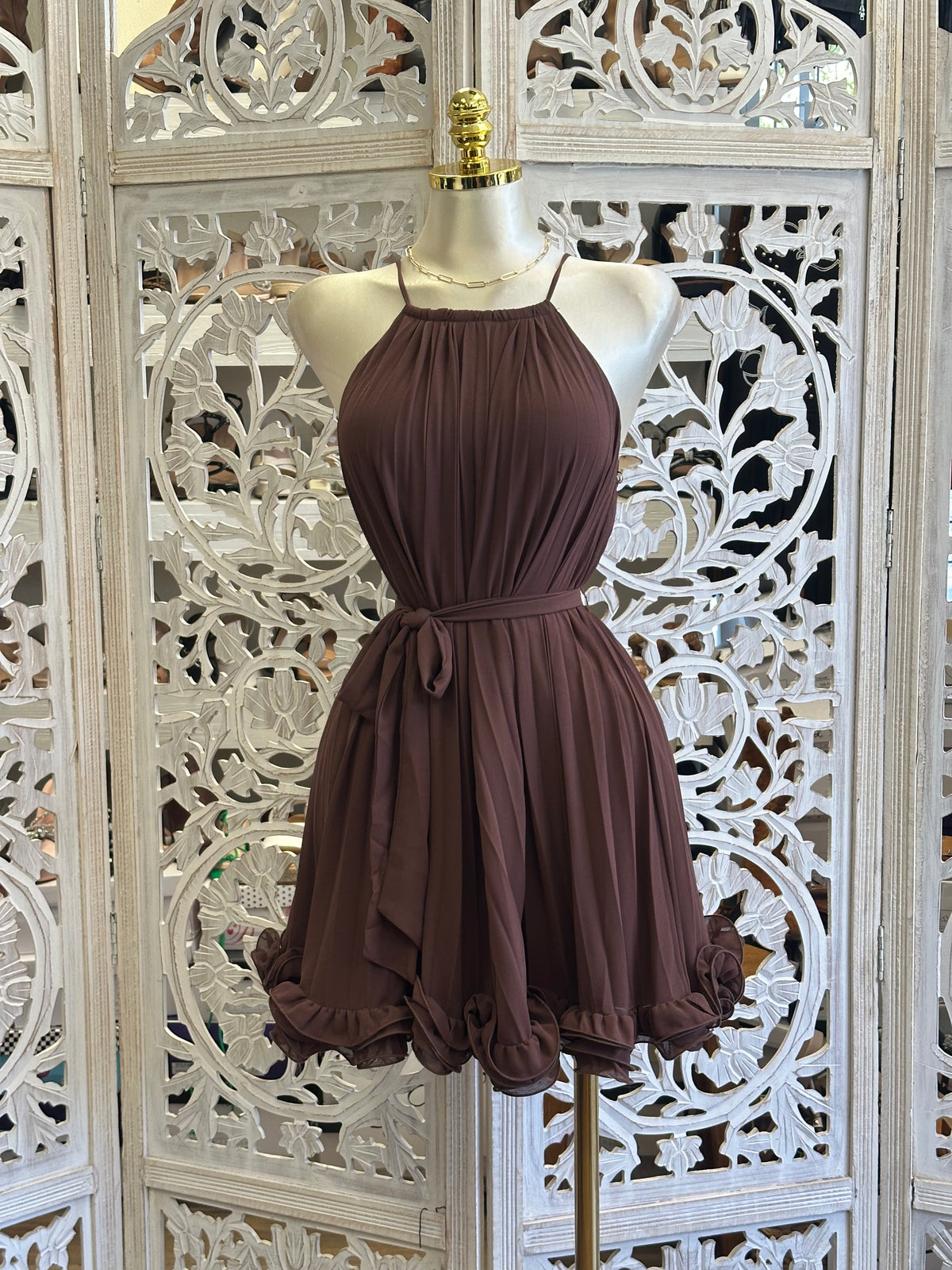 Wildwood Pleated Chiffon Halter Dress - Stretchy, Estira