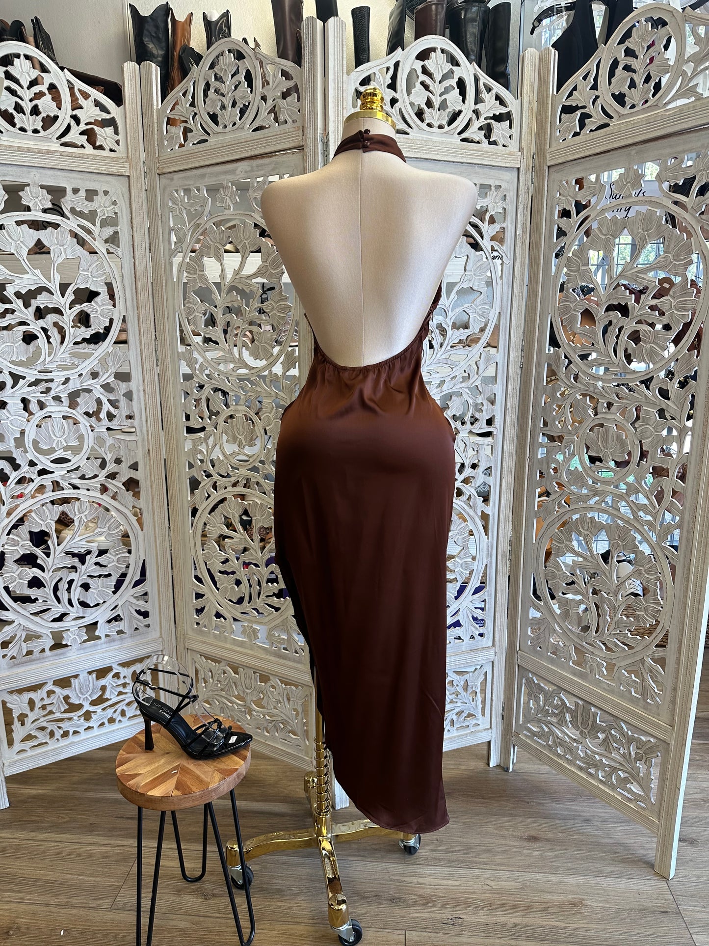 High Cowl Neck Satin Midi Dress- Stretchy