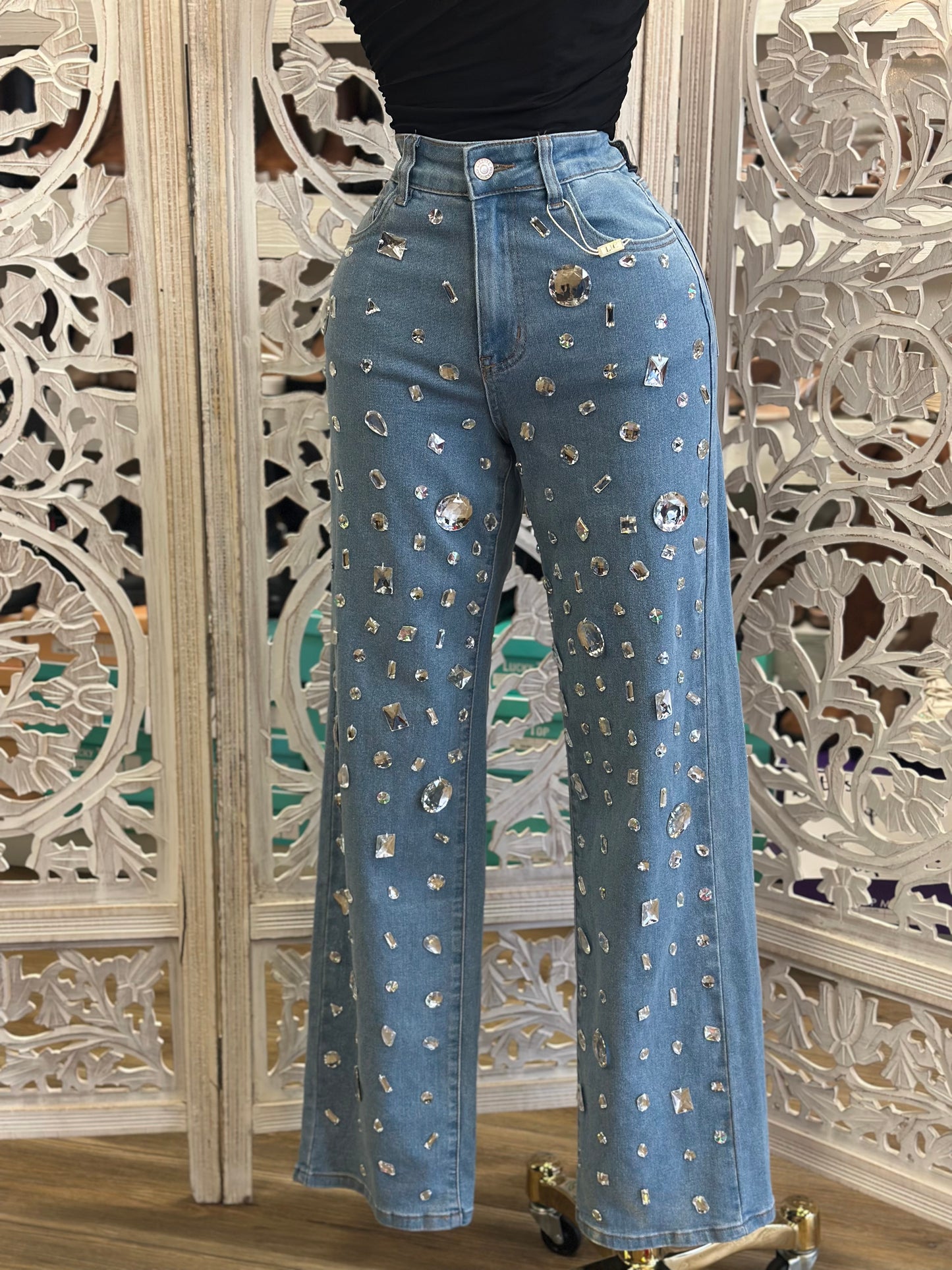 Enlarged Rhinestone Denim Wide Leg Jeans - Stretchy, Estira