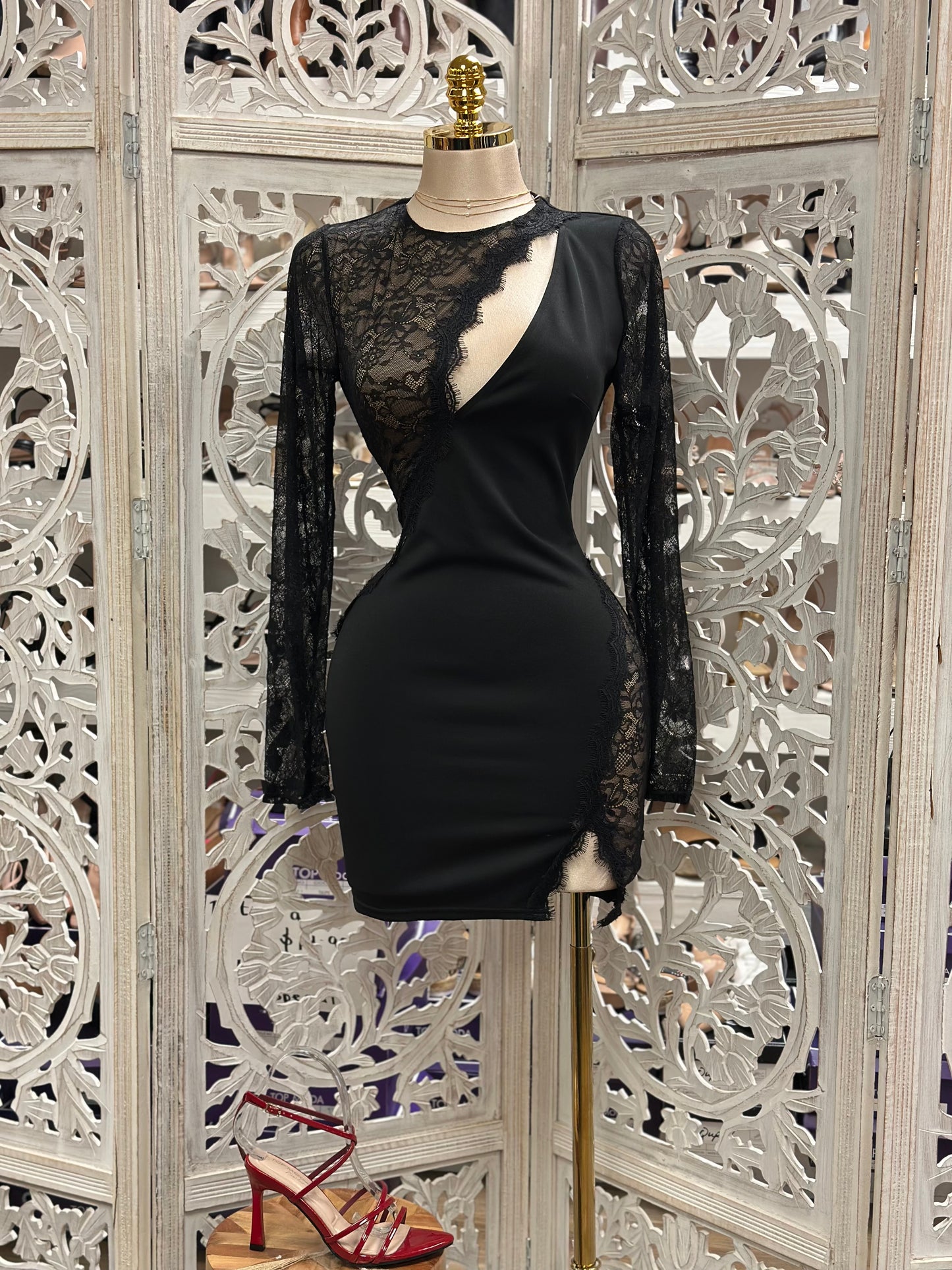 Black Lace Cutout Mini Dress- Stretchy,Estira