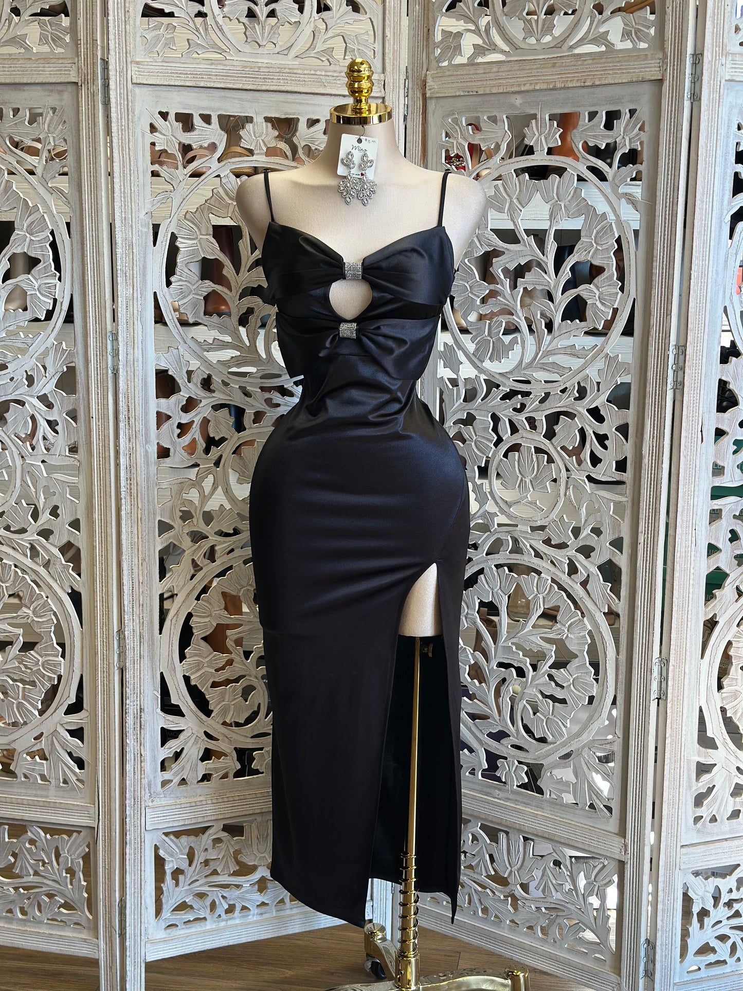 Rhinestone Bow Black Dress- Stretchy,Estira