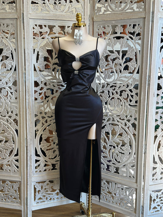Rhinestone Bow Black Dress- Stretchy,Estira
