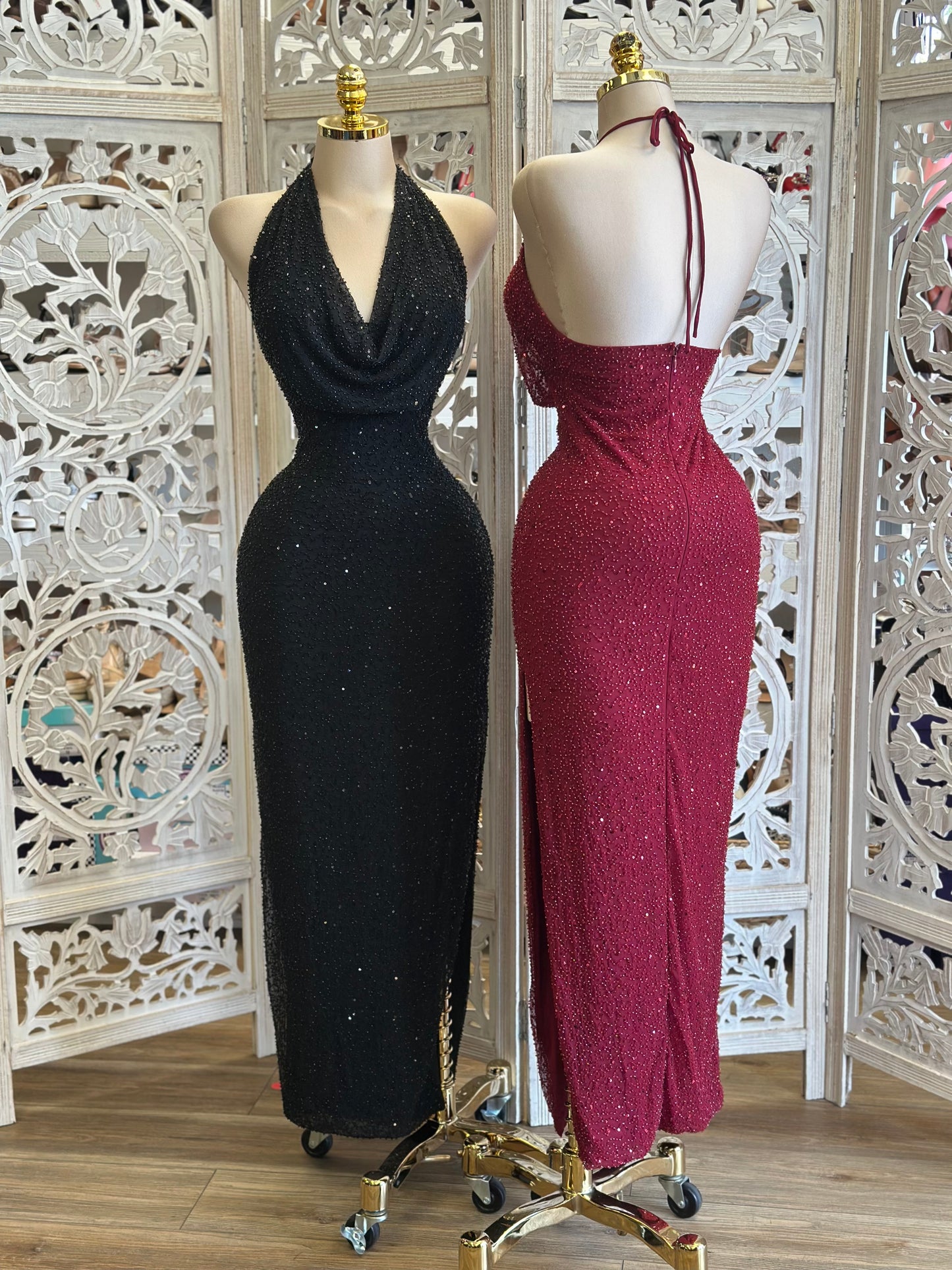 Elegant Draped Neck Embellished Dress - Estira , Stretchy