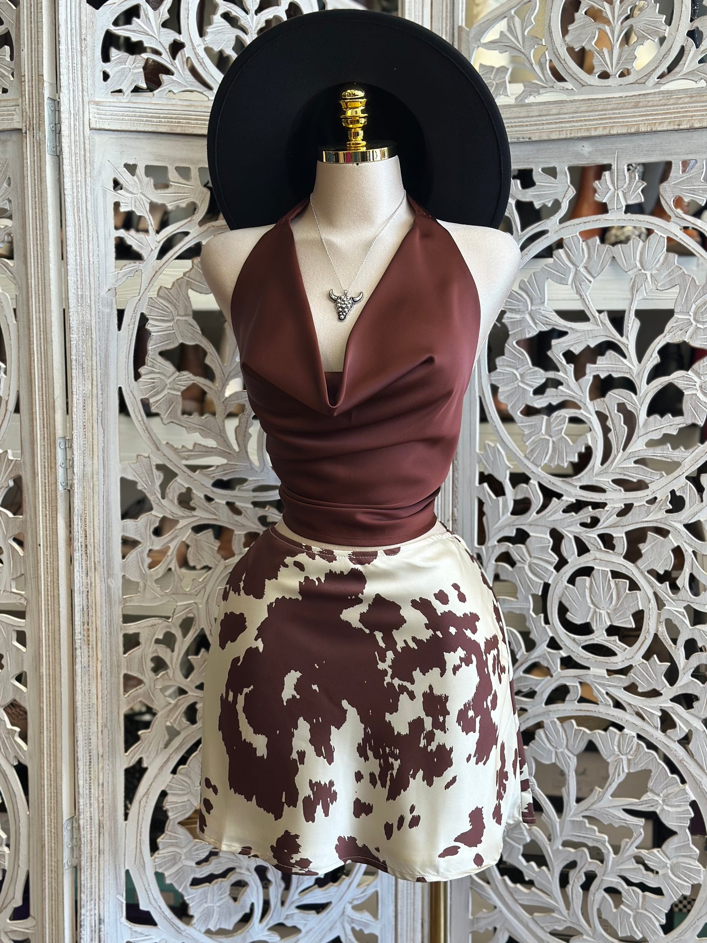 Satin Cow Print Mini Skirt-  Not Stretchy ,  No Estira