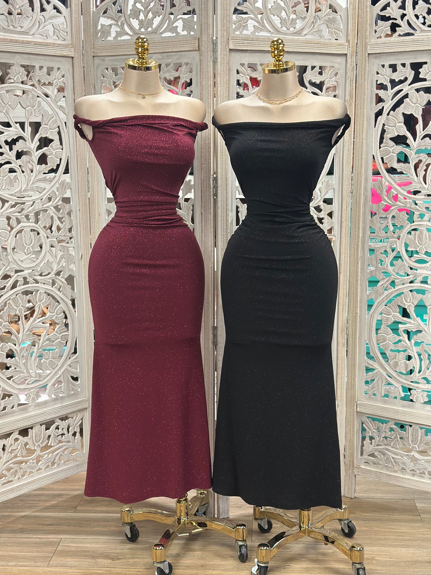 Sleek Off Shoulder Evening Dress- Stretchy,Estira