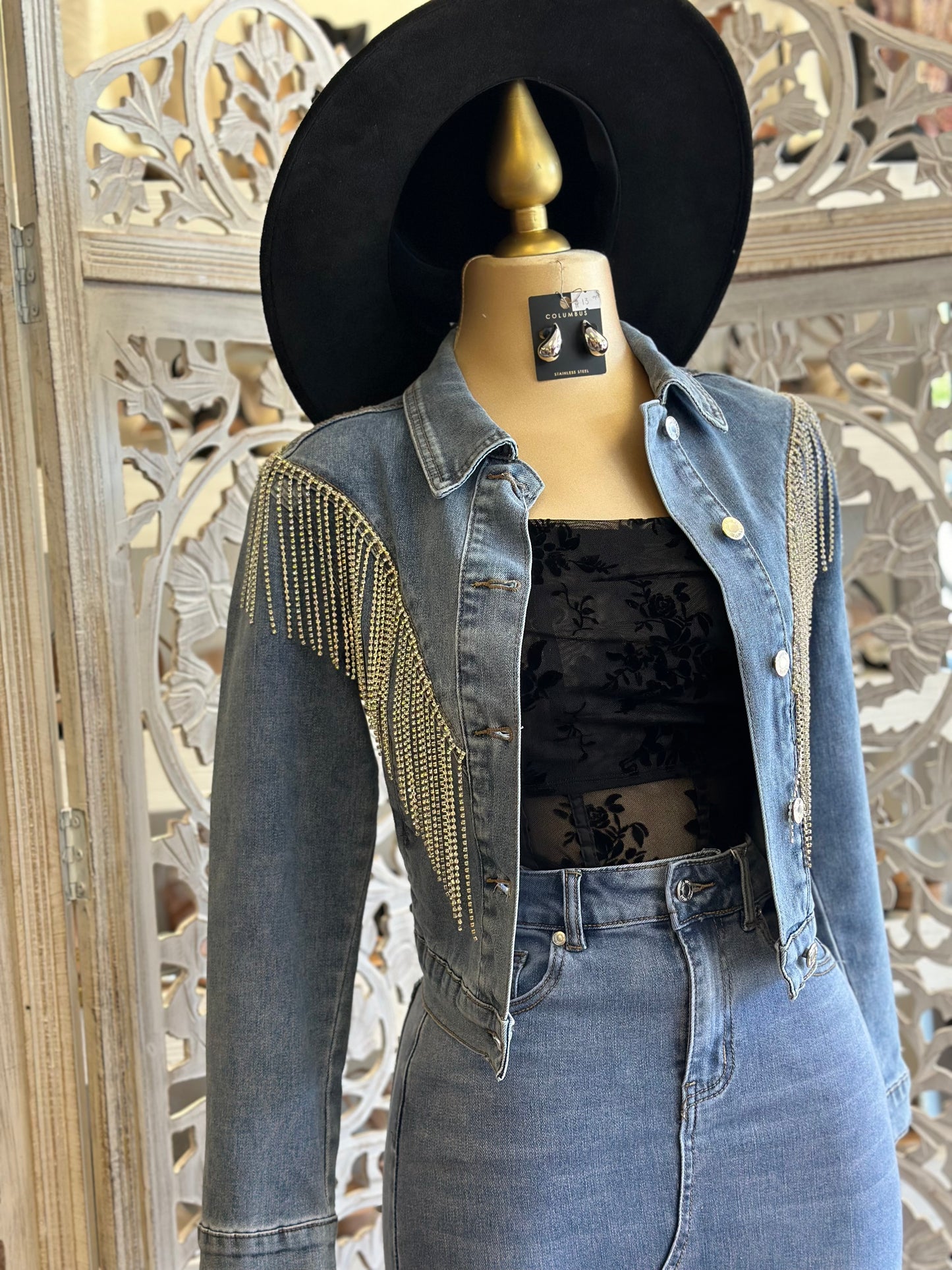 Rhinestone Fringe Denim Jacket- Stretchy