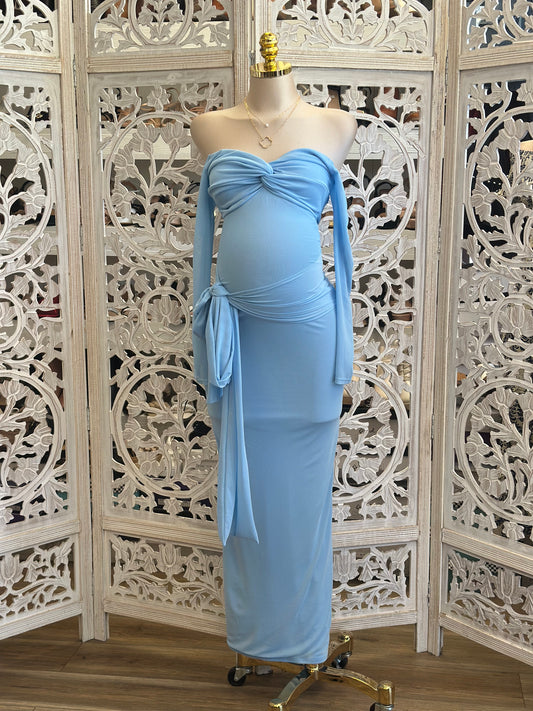 Blue Off Shoulder Knotted Dress - Estira, Stretchy