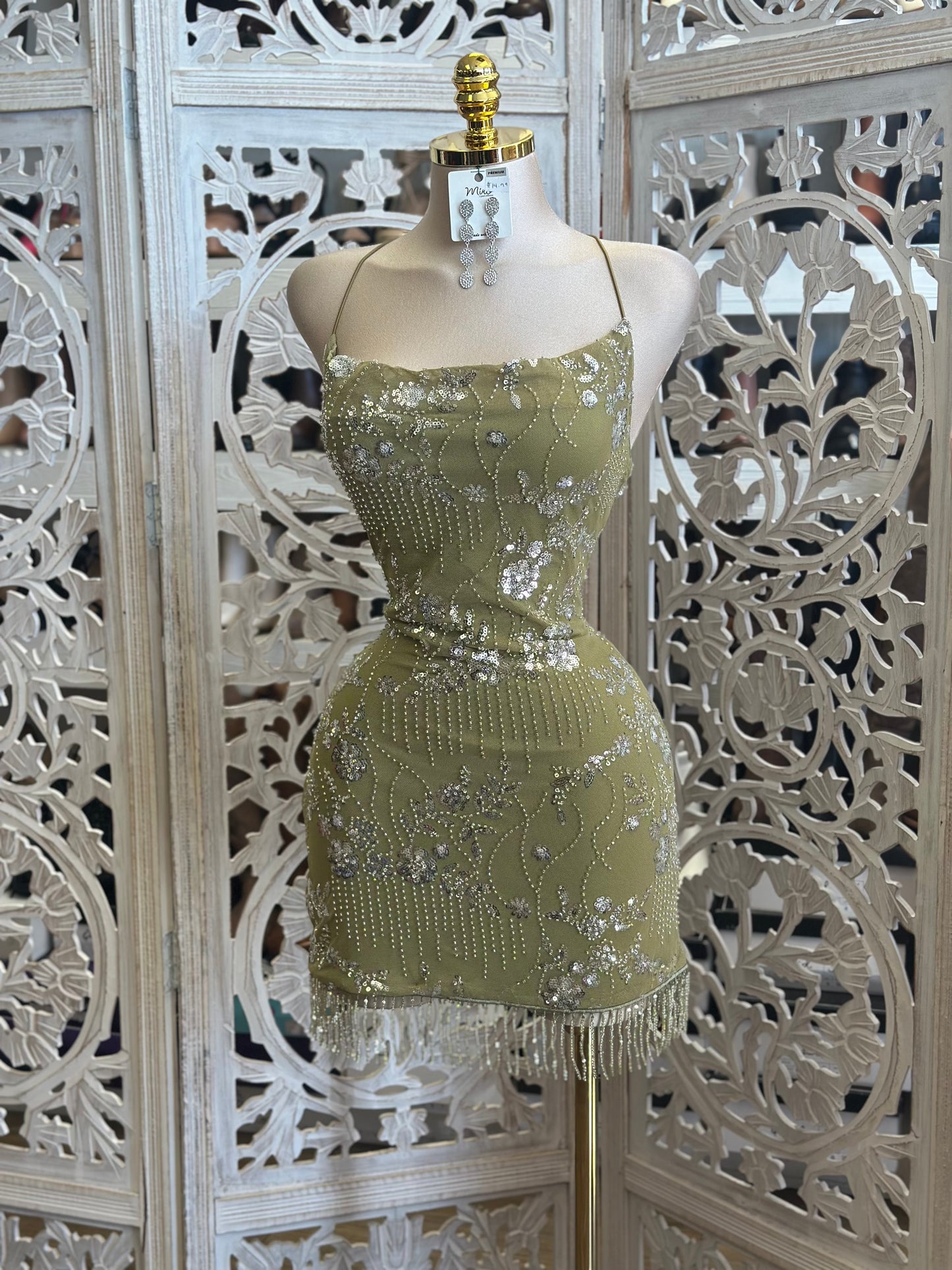 Beaded Olive Mini Dress- Slightly Stretchy,Estira Poco