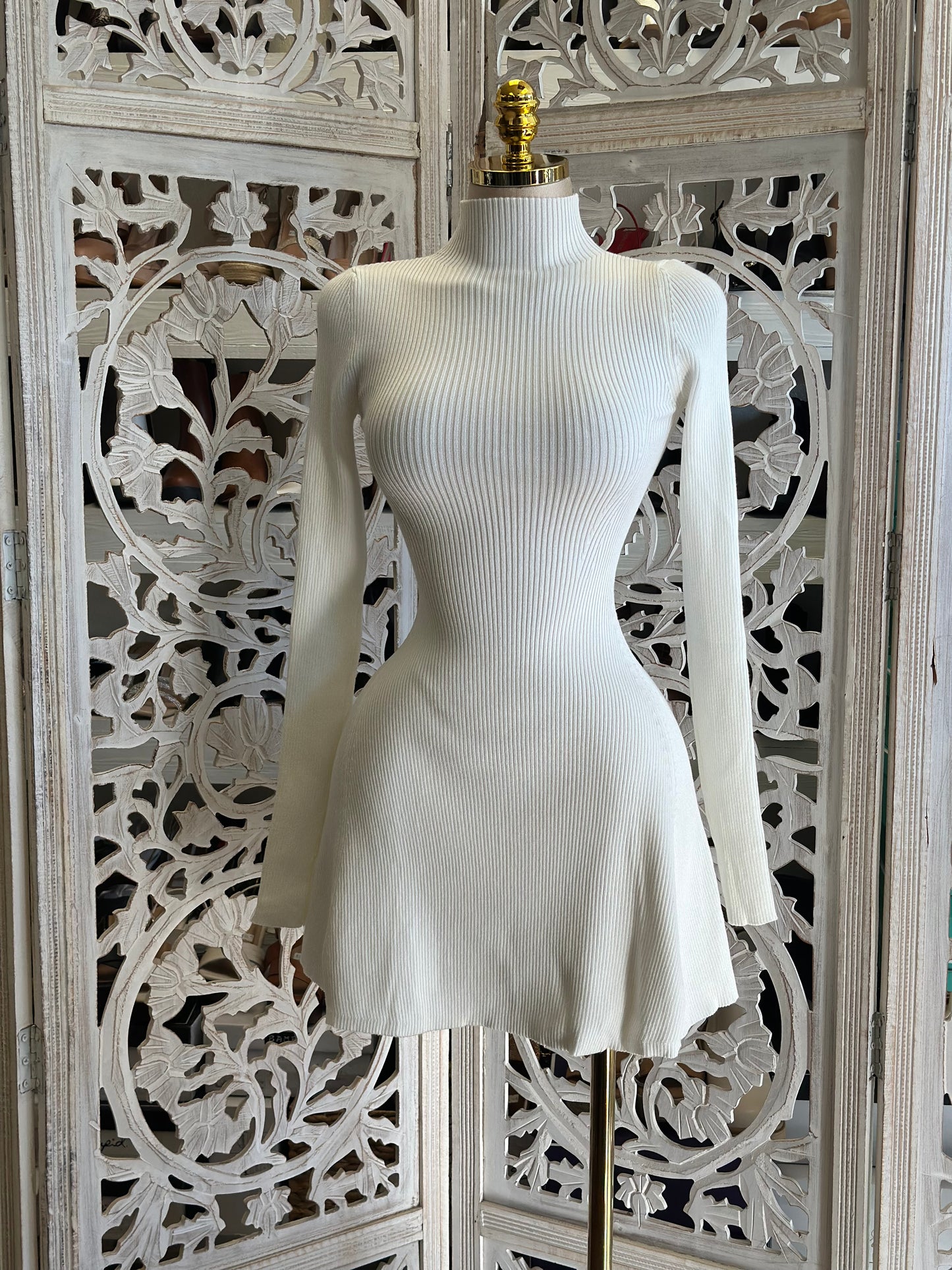 Ribbed Flowy Ivory Mini Dress- Stretchy,Estira