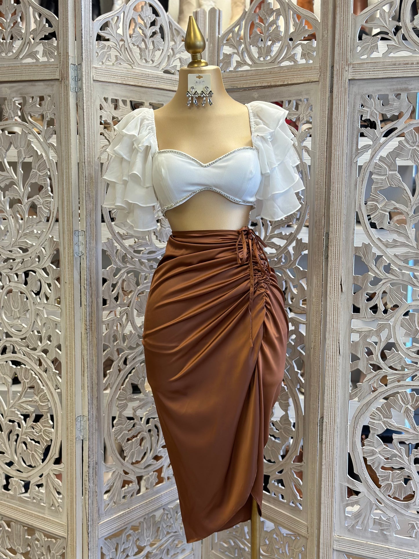 Brown Ruched Satin Midi Skirt- Stretchy