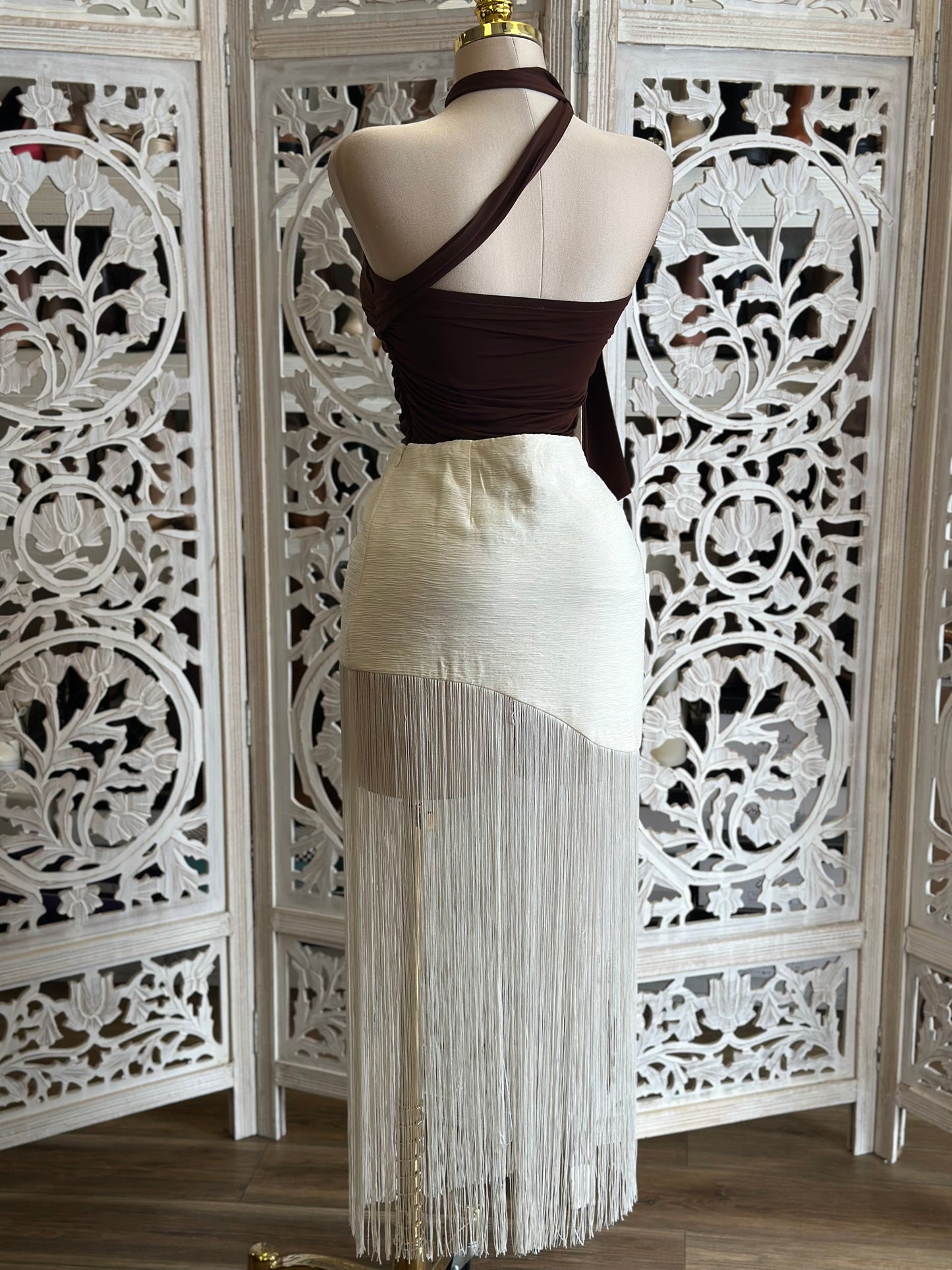 Bone Fringe Midi Skirt-  no Stretchy ,  no Estira