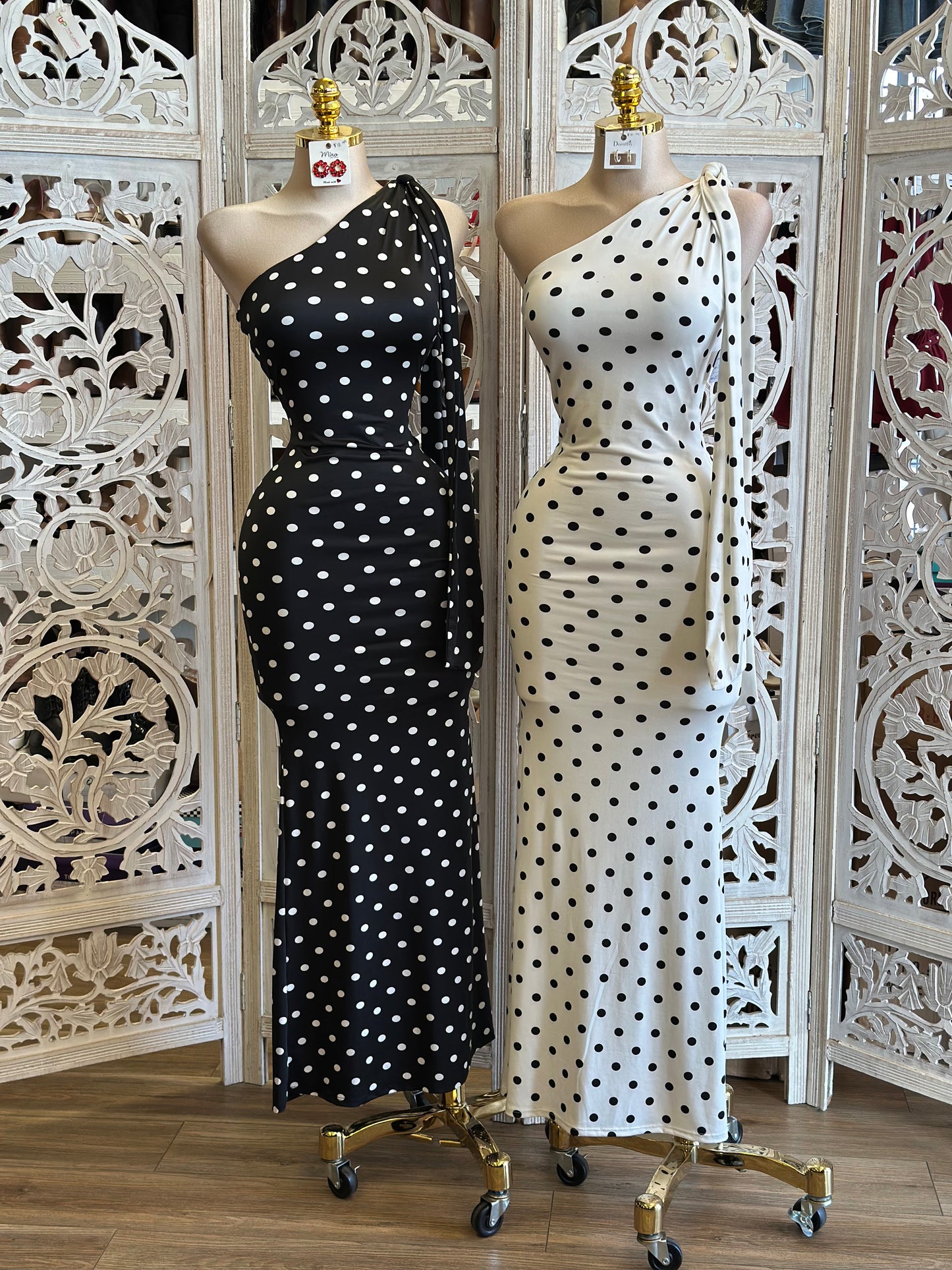 Polka Dot One Sleeve Maxi Dress- Stretchy, Estira