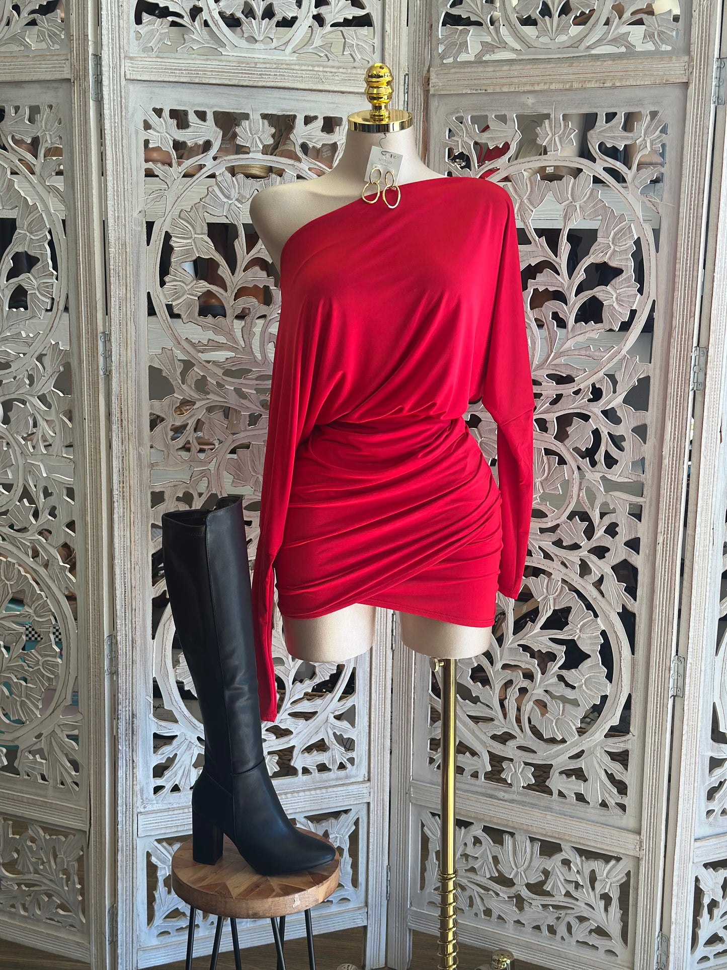 Red Asymmetrical Off Shoulder Mini Dress- Stretchy,Estira