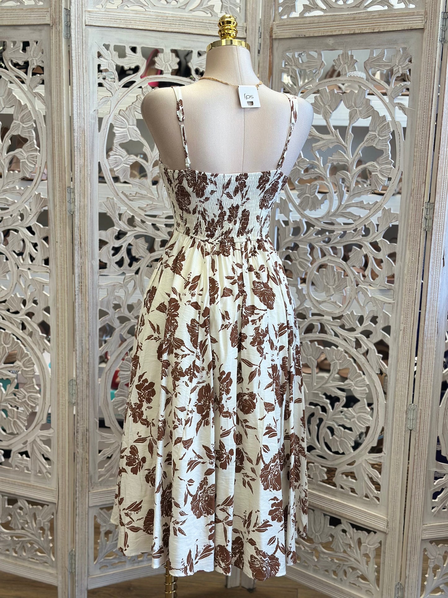 Square Neck Brown Floral Dress-Estira, Stretchy