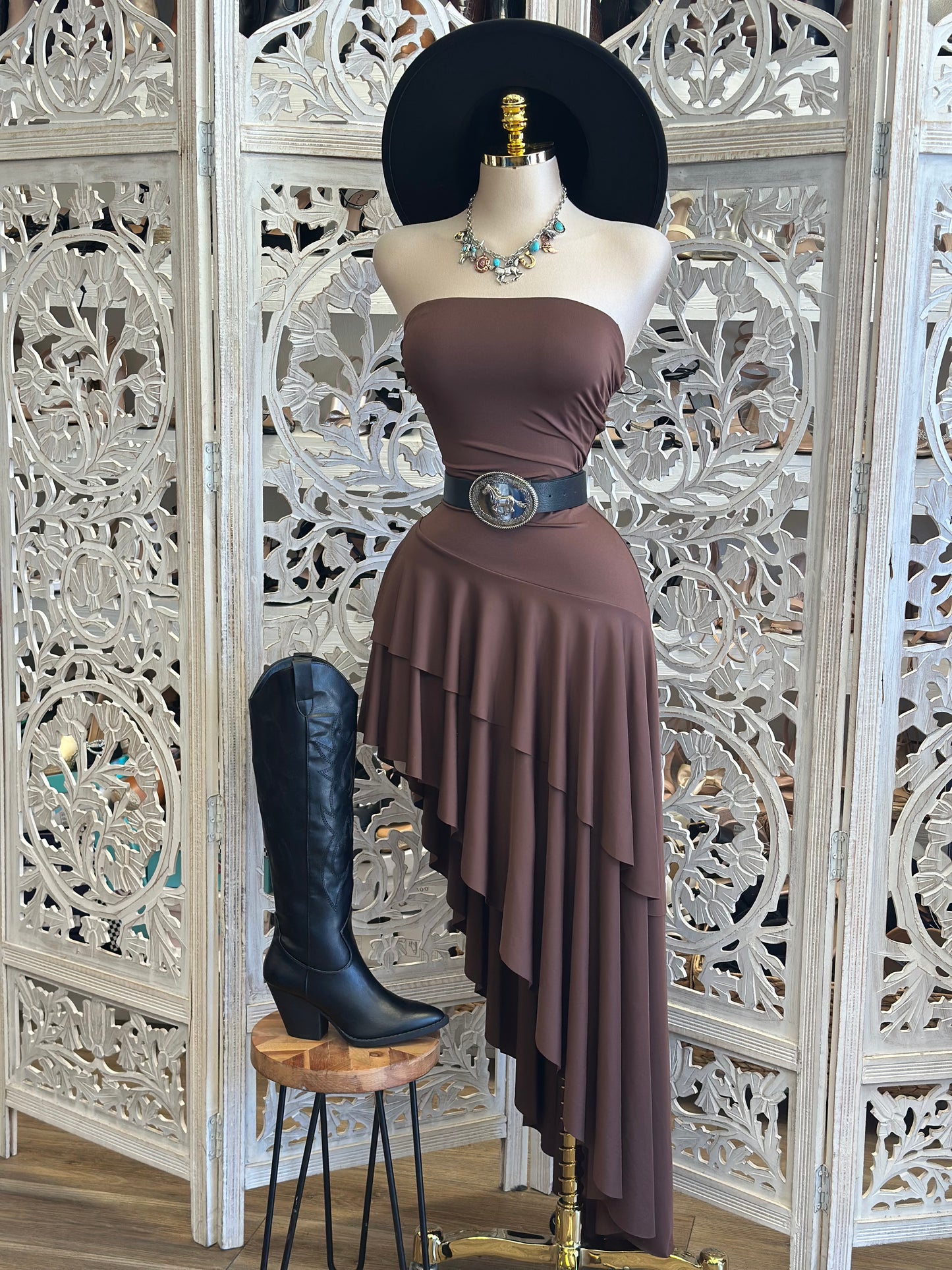 Earth Brown Ruffle High Low Strapless Dress-Estira, Stretchy
