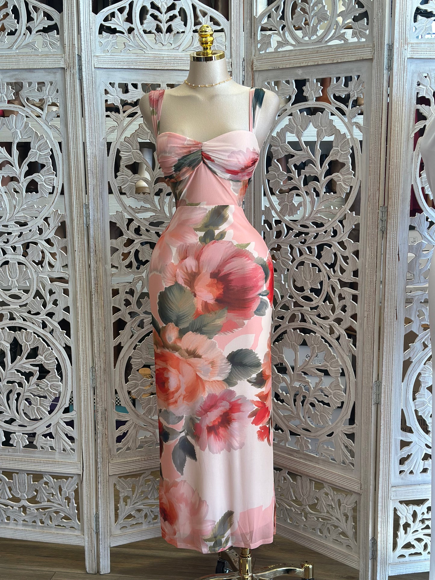 Paintbrush Pink Floral Midi Dress- Not Stretchy, No Estira