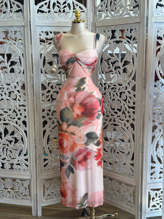 Paintbrush Pink Floral Midi Dress- Not Stretchy, No Estira