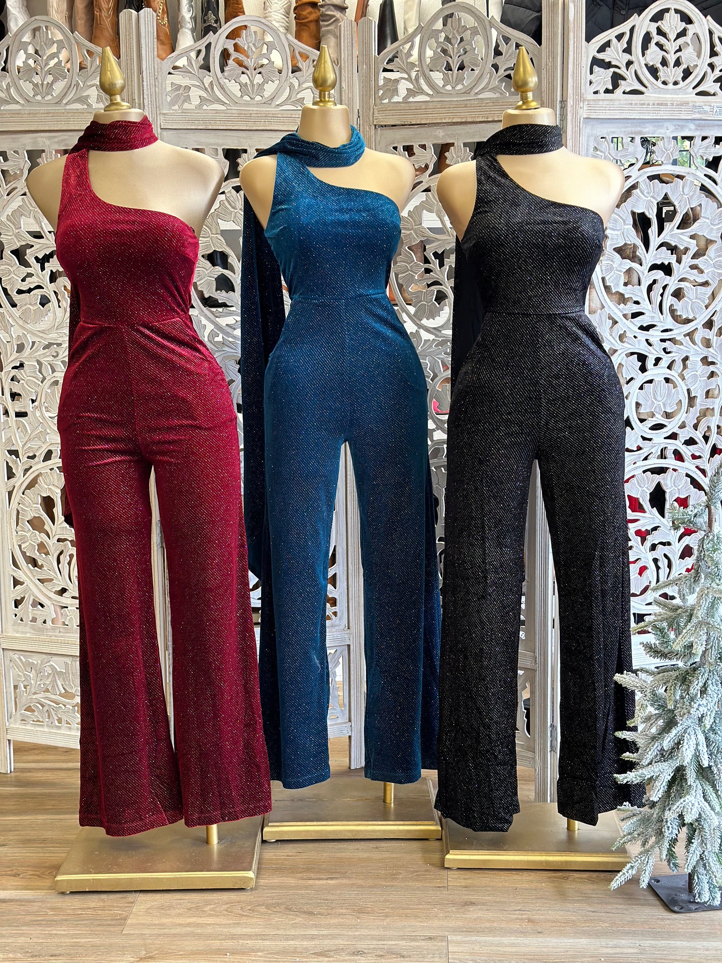 Scarfed Rhinestone One Sleeve Jumpsuit