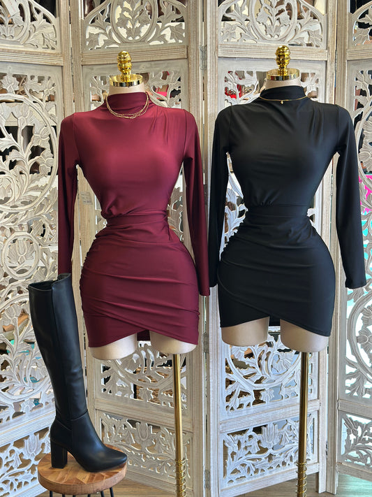 Wrapped Long Sleeve Mini Dress- Stretchy,Estira