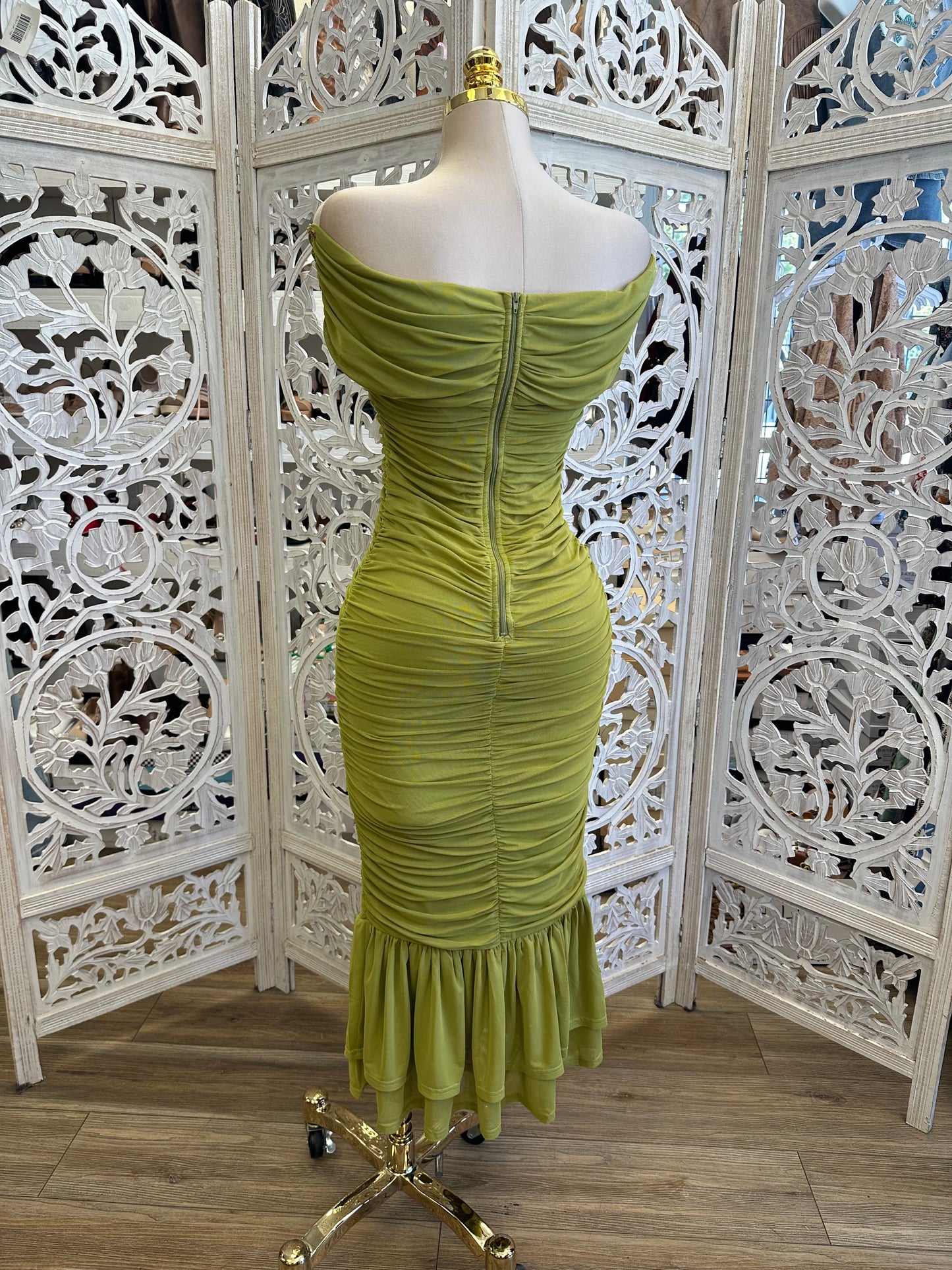 Mystic Green Ruched Midi Dress - Estira, Stretchy