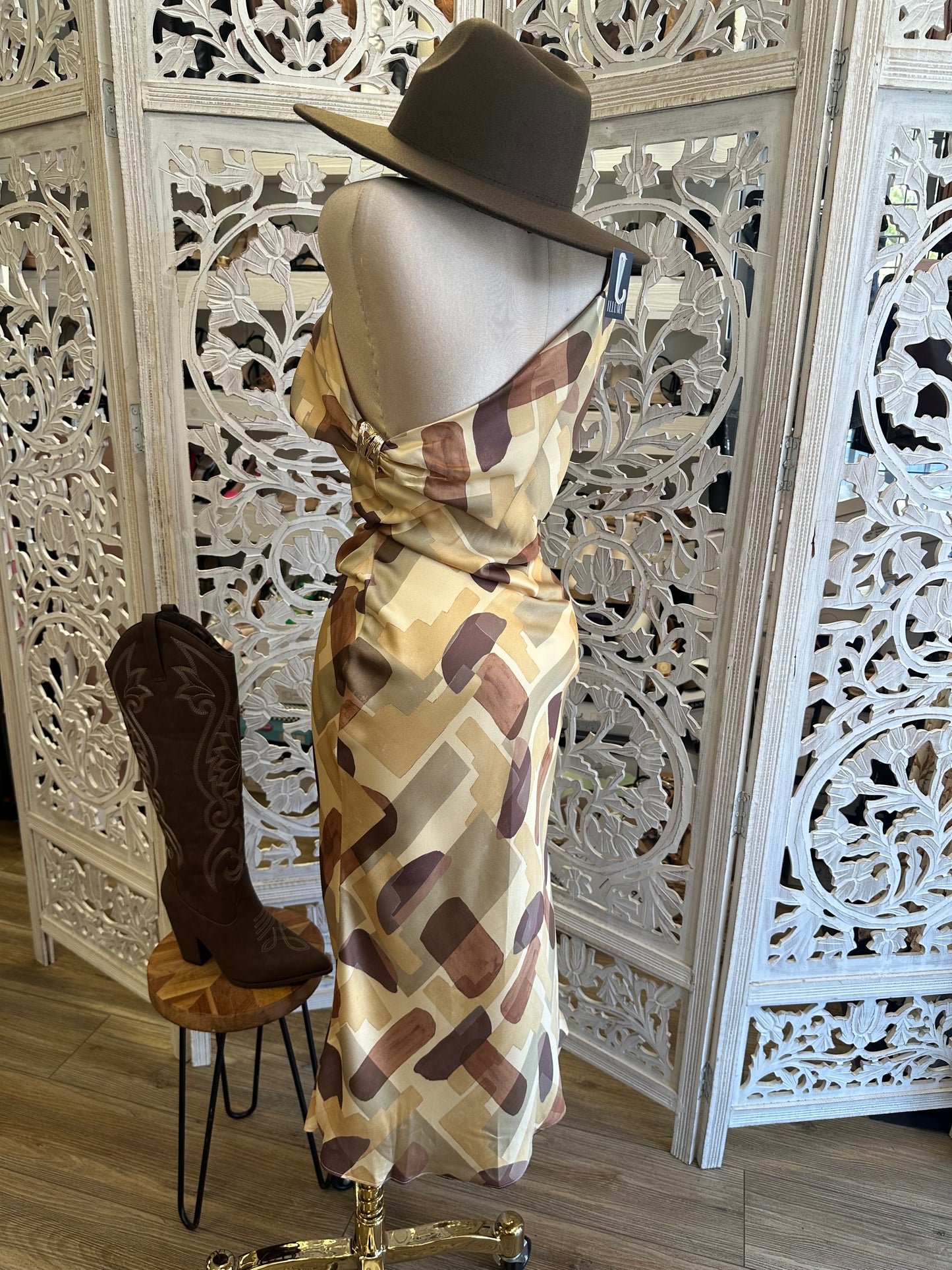 Abstract Brushstroke Satin Dress-Not Stretchy, No Estira