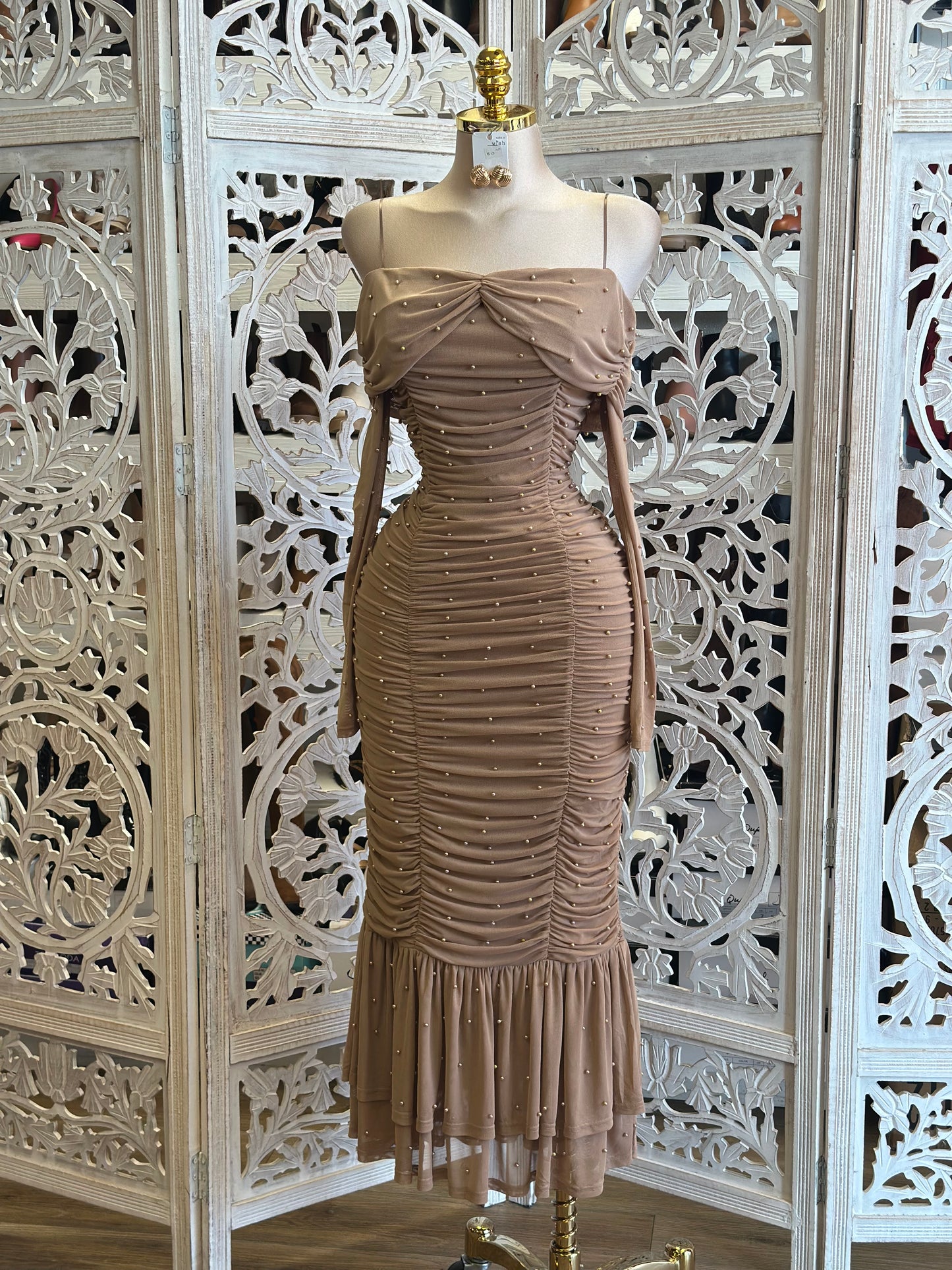 Embellished Brown Ruched Dress-Estira, Stretchy