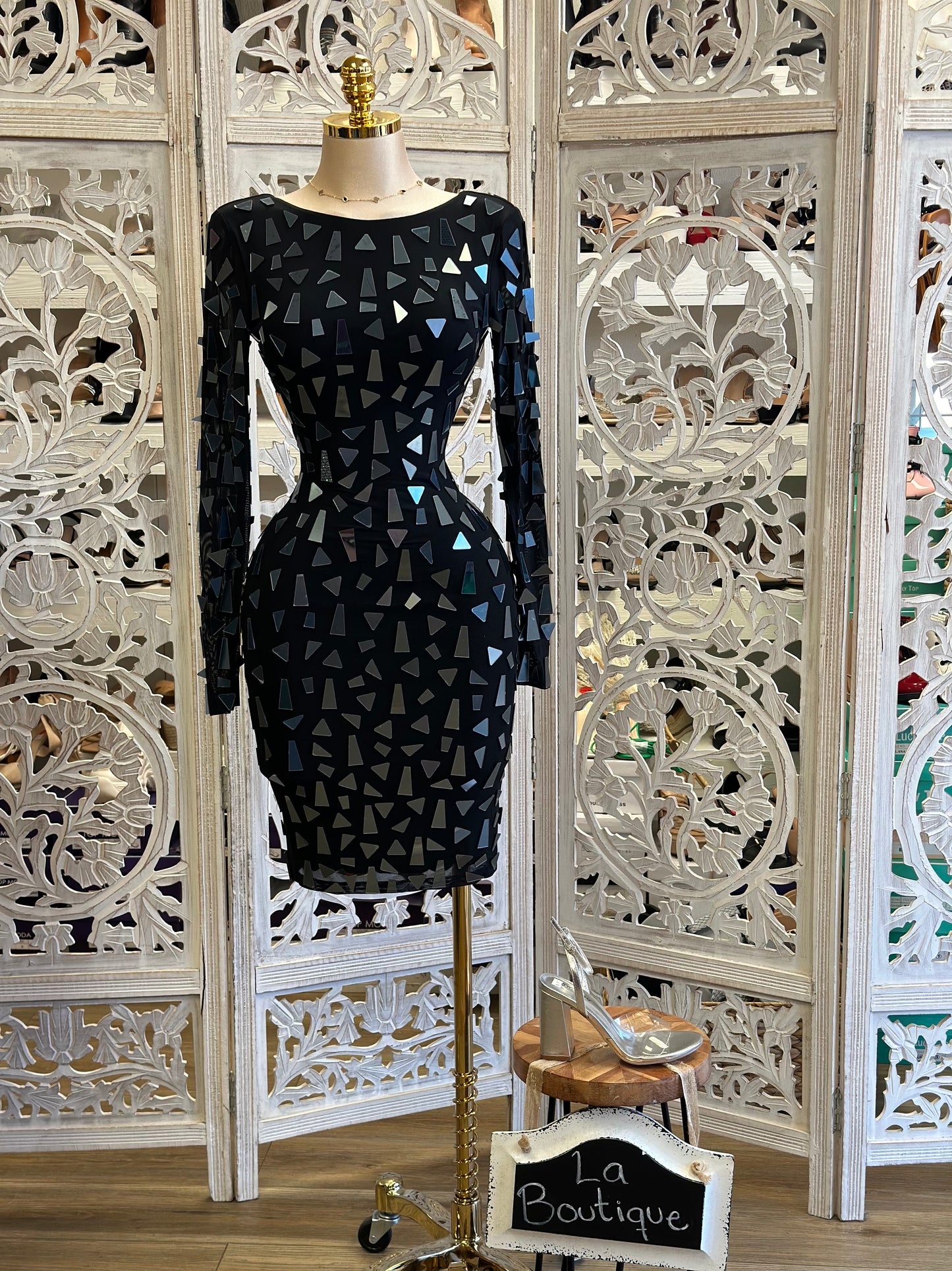 Black Scoop Neck Triangle Sequin Dress- Stretchy, Estira