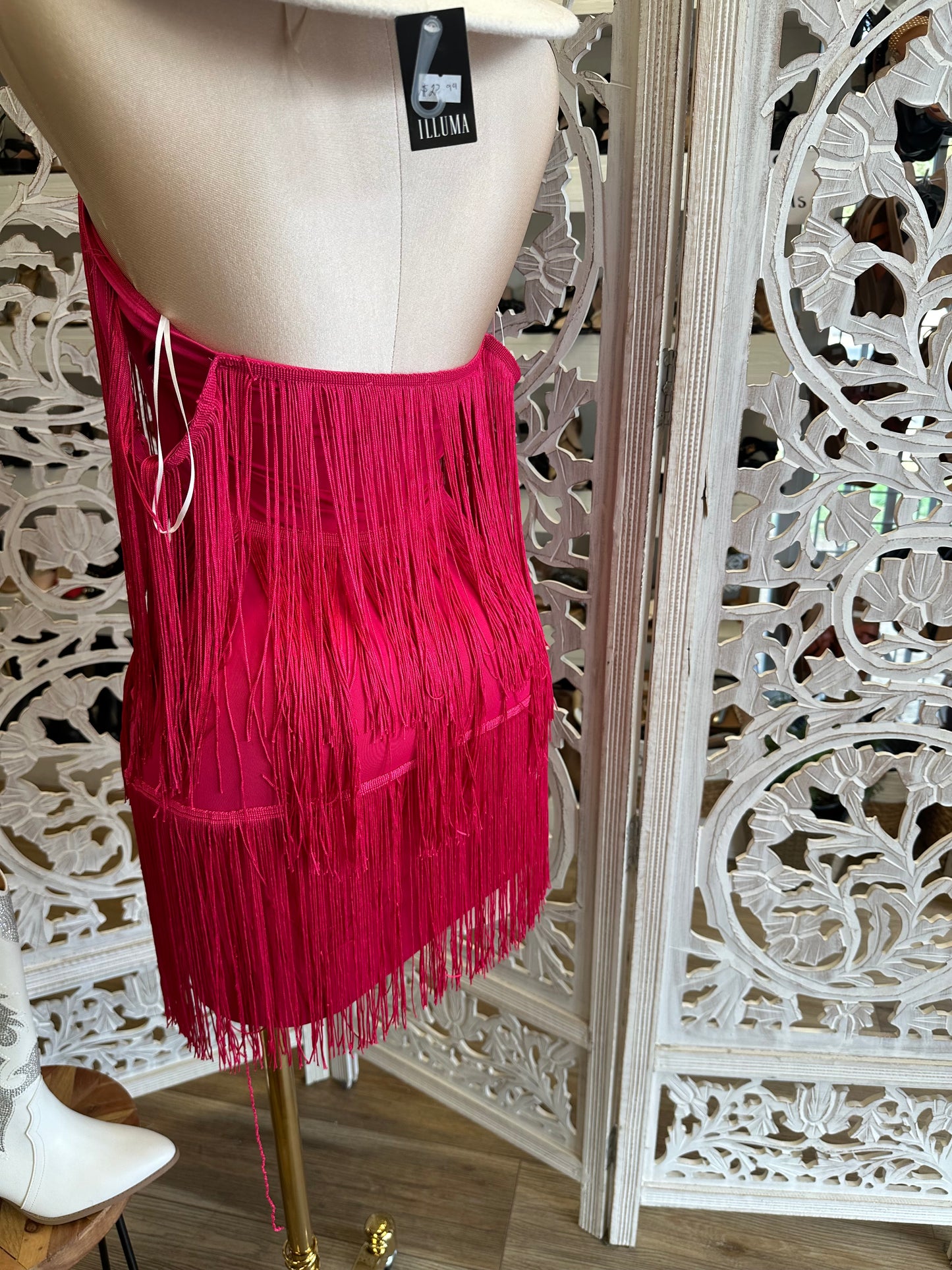 Fuchsia ￼Fringe Dress- Stretchy, Estira