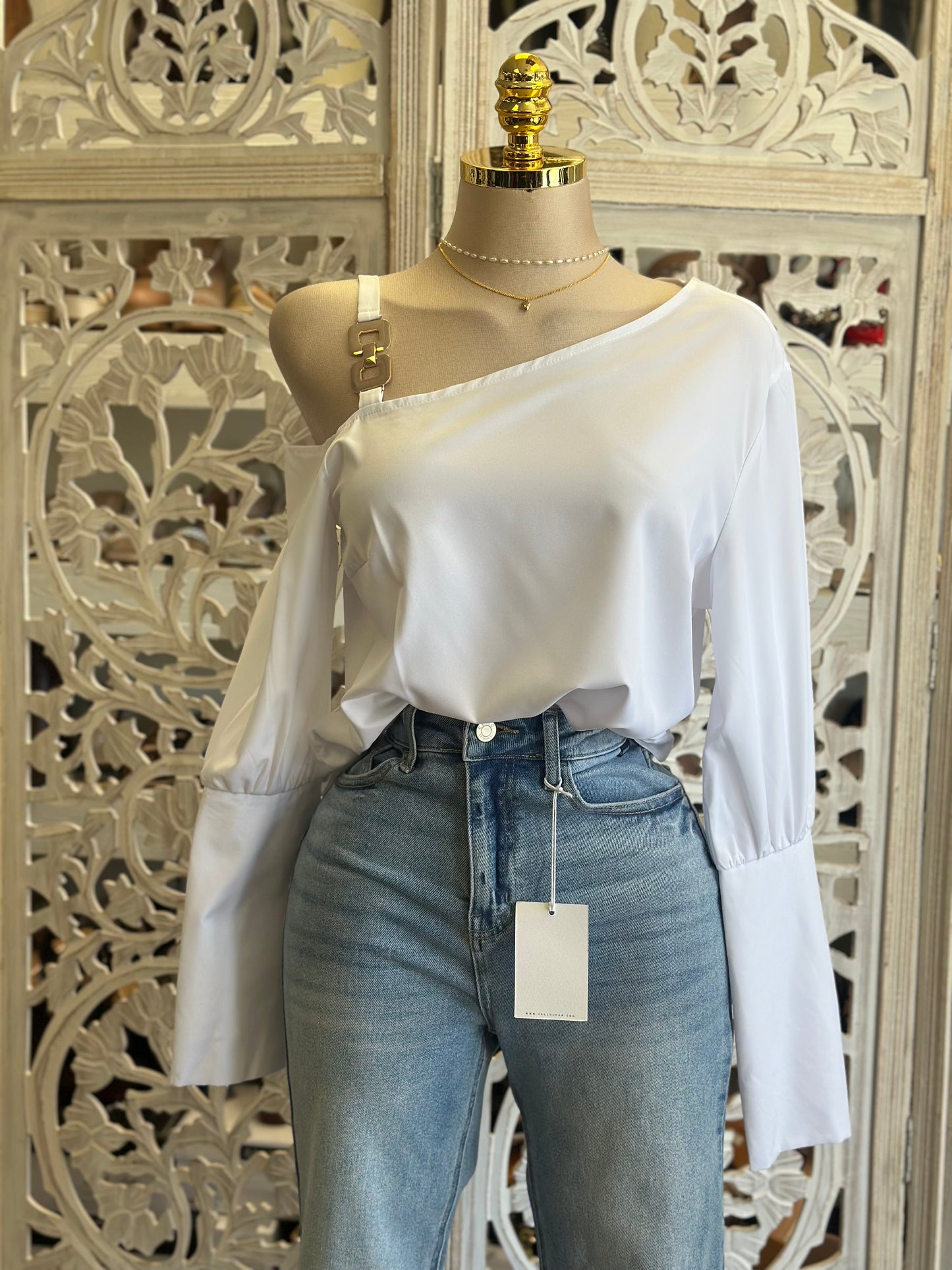 One Shoulder Gold Detail Blouse- No Estira, Not Stretchy