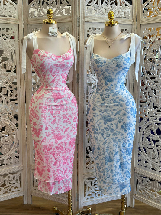Ribbon Strap Floral Midi Fitted Dress - Estira, Stretchy
