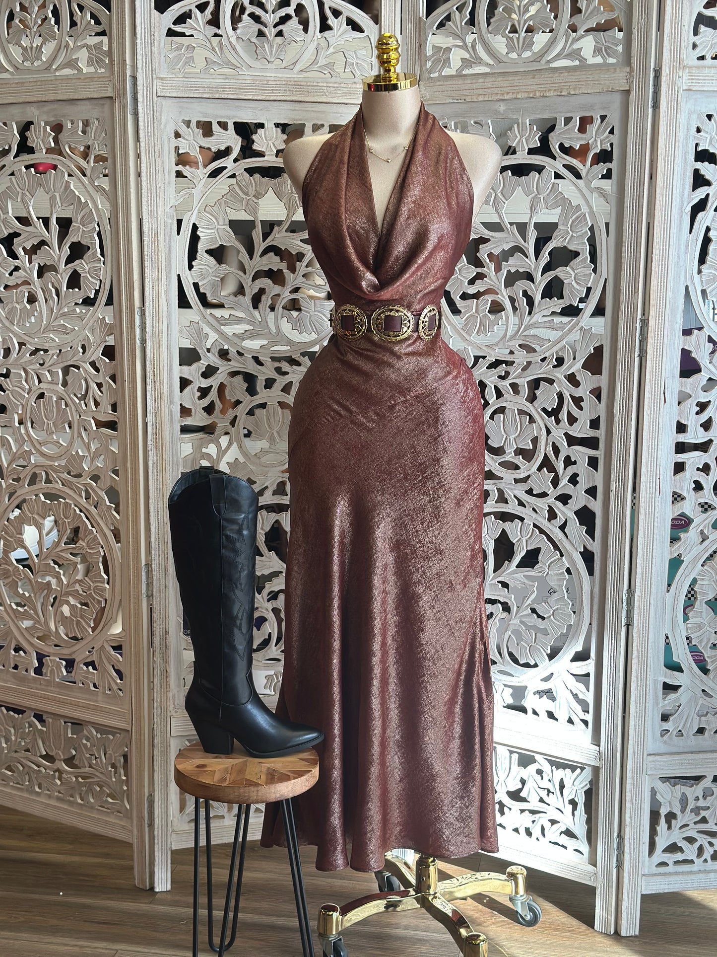 Shimmery Auburn Draped Dress- Not Stretchy,No Estira