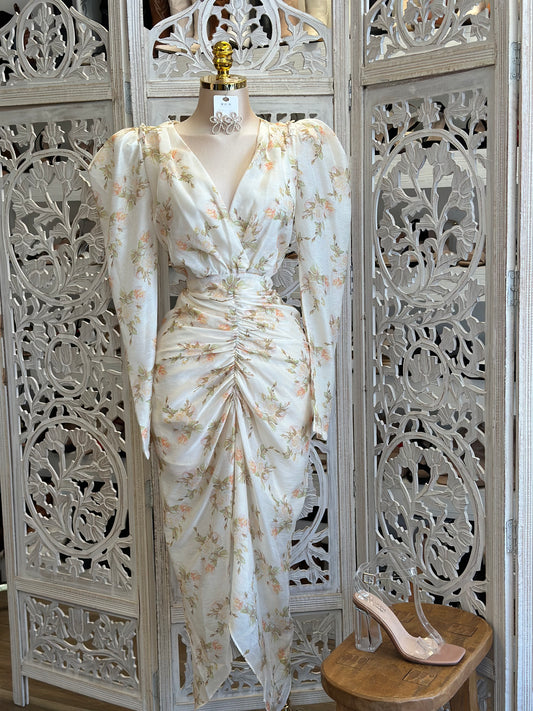 Puff Sleeve Pastel Floral Ruched Dress- Not Stretchy, No Estira