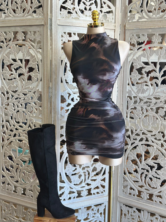 Mock Neck Sleeveless Tie Dye Dress- Stretchy,Estira