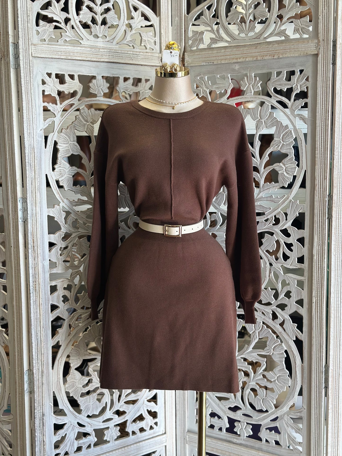 Dark Brown Sweater Mini Dress- Stretchy,Estira
