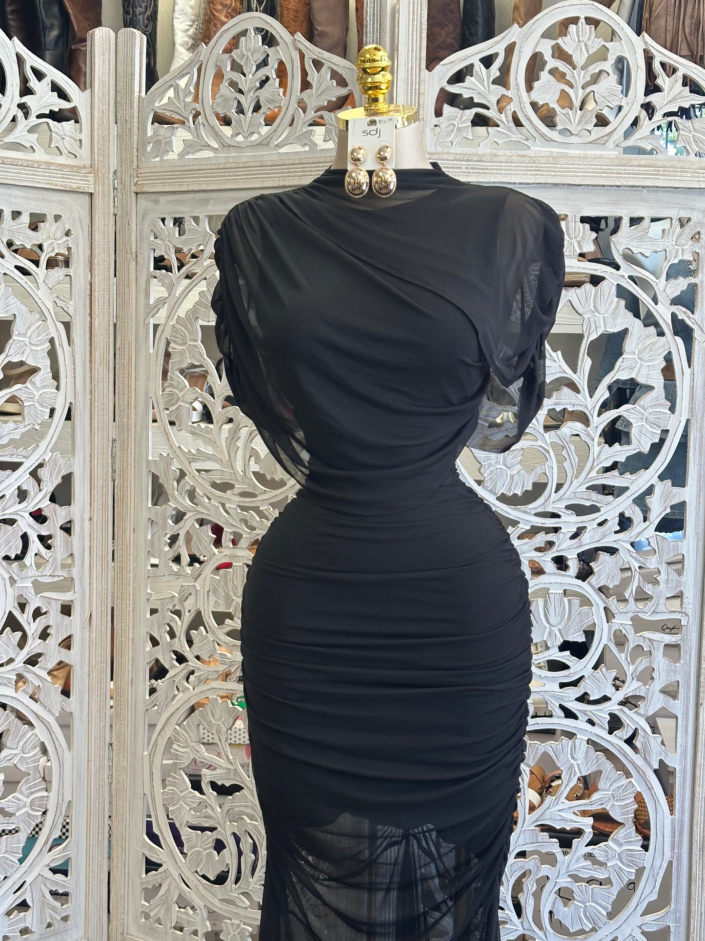 Black Shawl Midi Dress- Stretchy, Estira