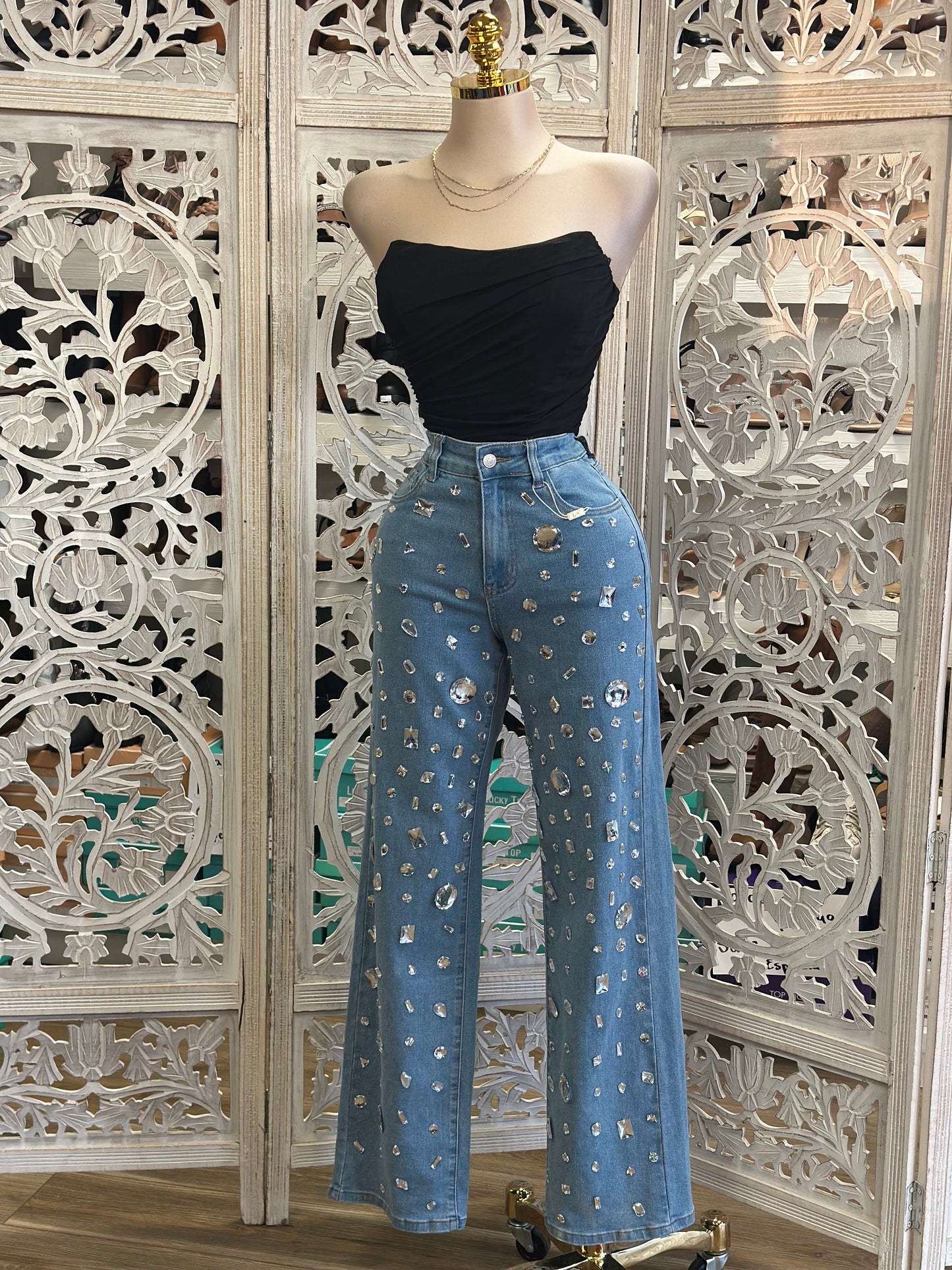 Enlarged Rhinestone Denim Wide Leg Jeans - Stretchy, Estira