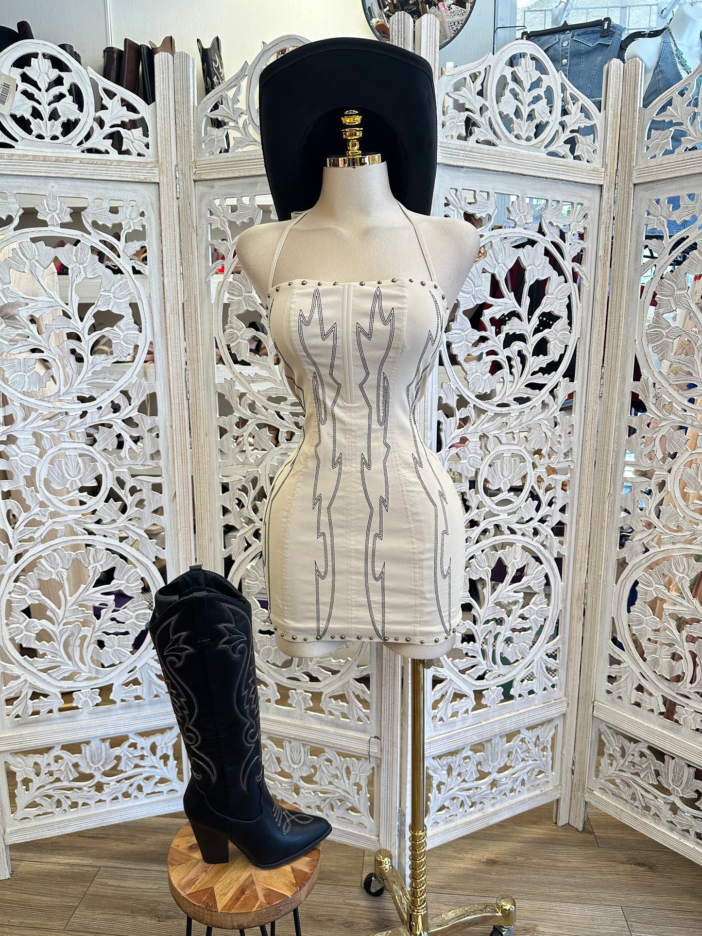 Bone Western Embroidered Dress-Stretchy, Estira