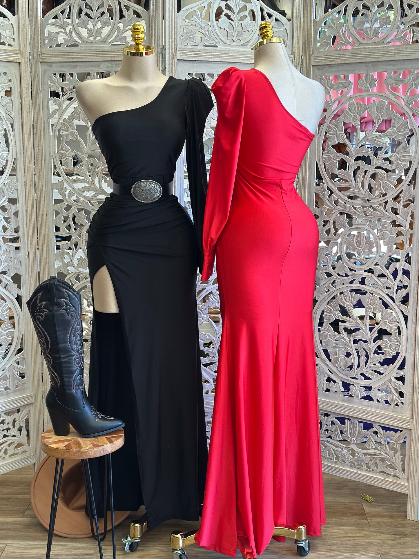 Puff Sleeve High Slit Evening Dress - Estira , Stretchy