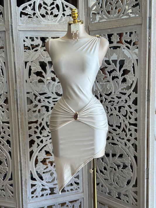 Brass Knotted Mini Dress-Estira, Stretchy