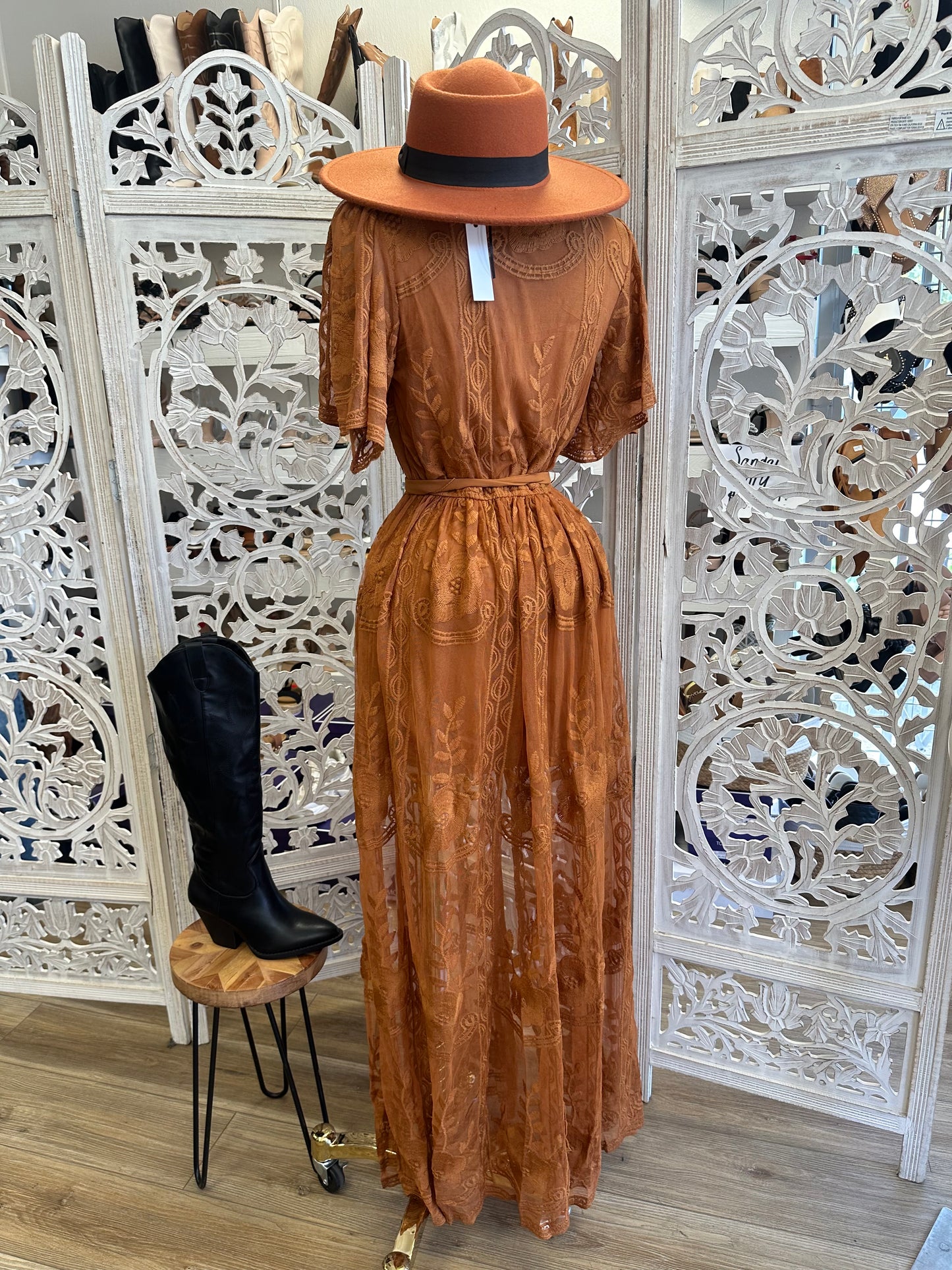 Sheer Embroidered Rust Maxi Dress - Estira, Stretchy