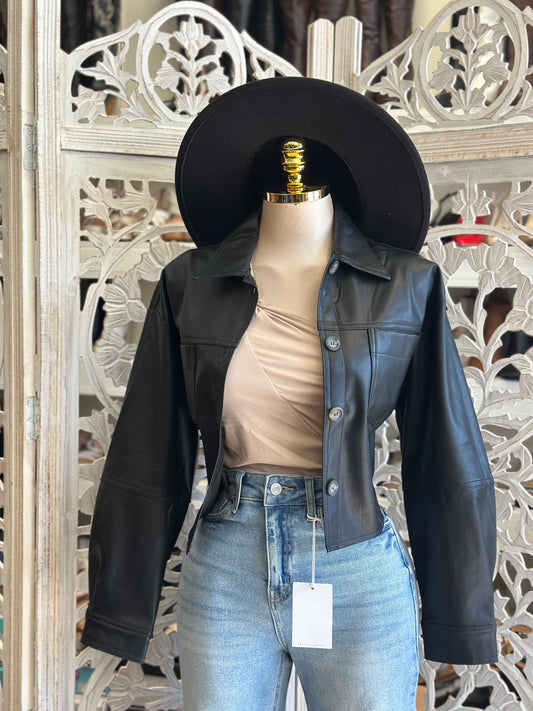 Black Faux Leather Button Up Jacket