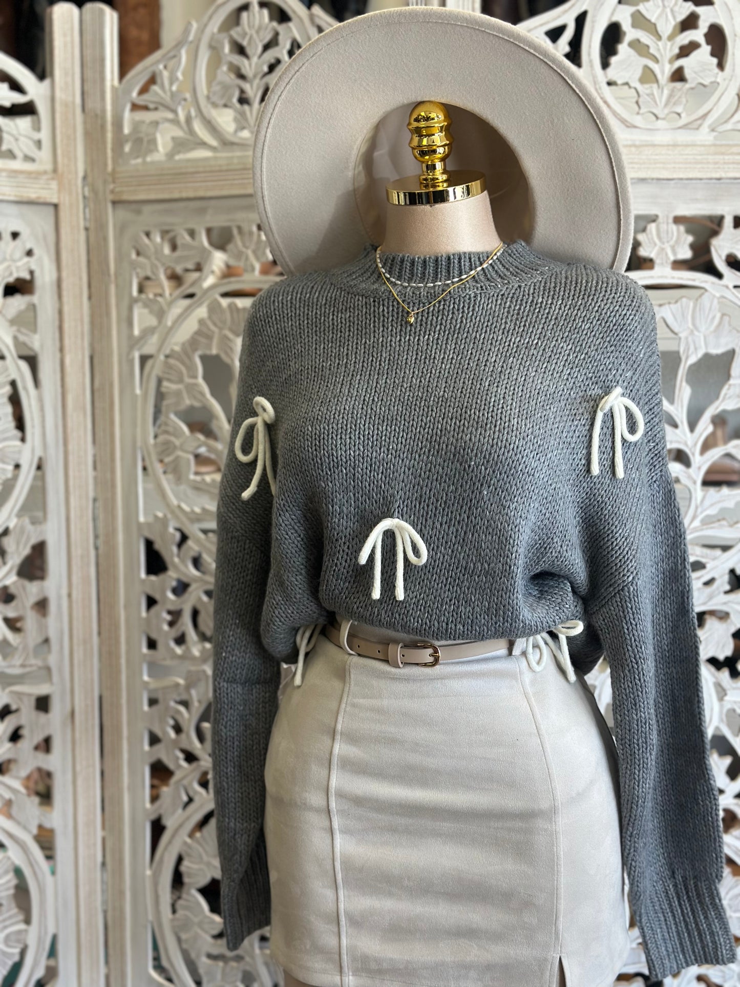 Heather Gray Ribbon Detail Knit Sweater